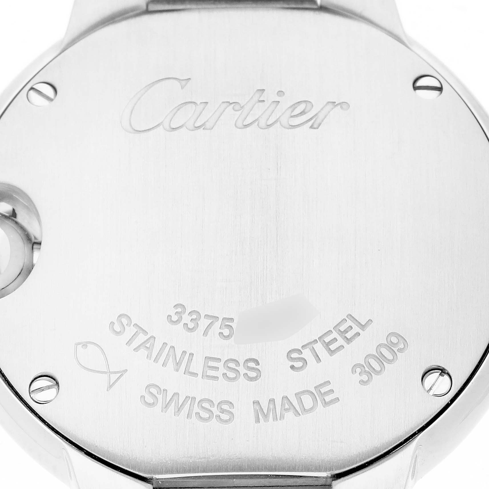 The image shows the back case of a Cartier Ballon Bleu W69010Z4 Women's Stainless Steel Silver Dial W69010Z4 Women's Stainless Steel Silver Dial watch, highlighting its stainless steel material and engravings.