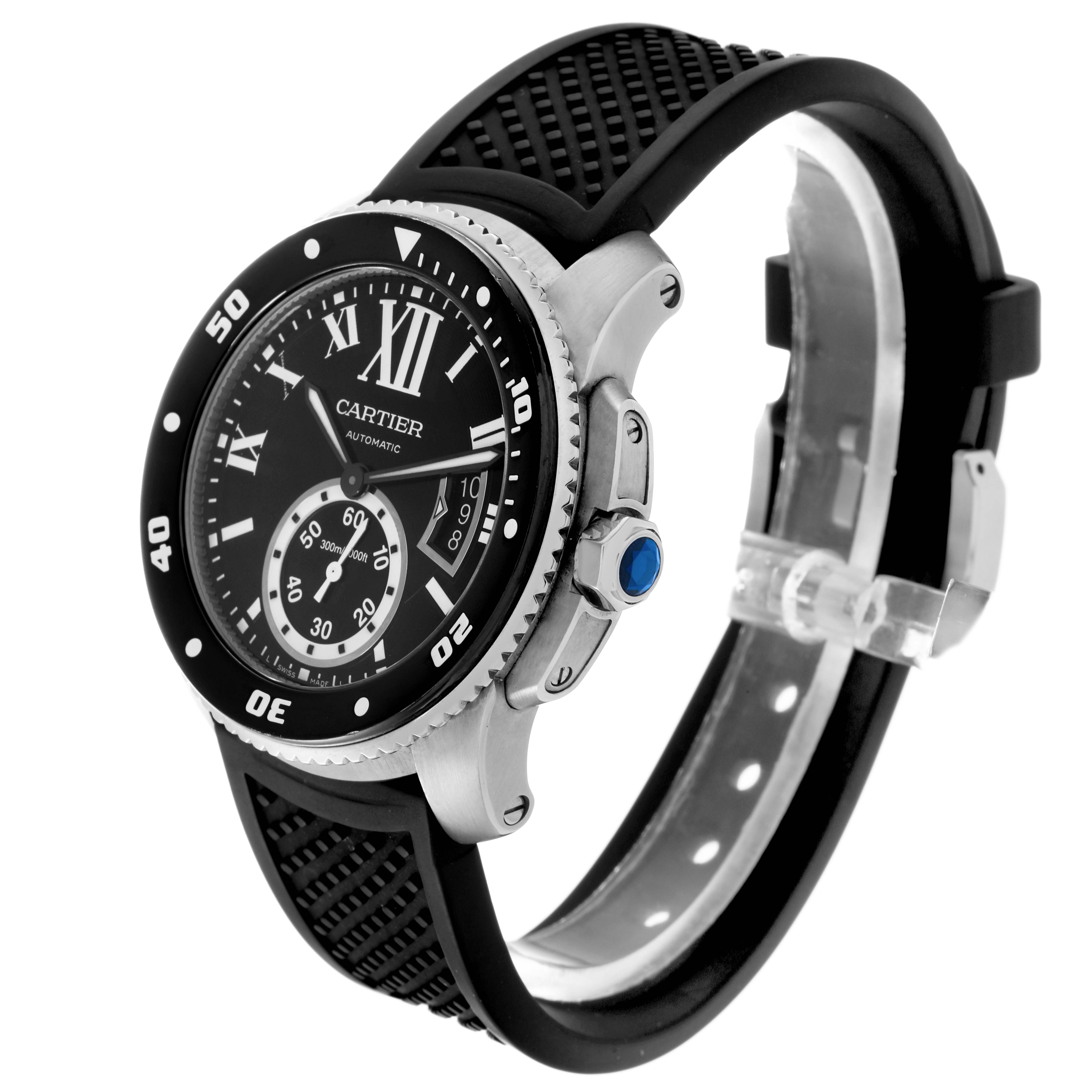 The Calibre de Cartier watch by Cartier is shown at a three-quarter angle, highlighting the face, bezel, crown, and rubber strap.