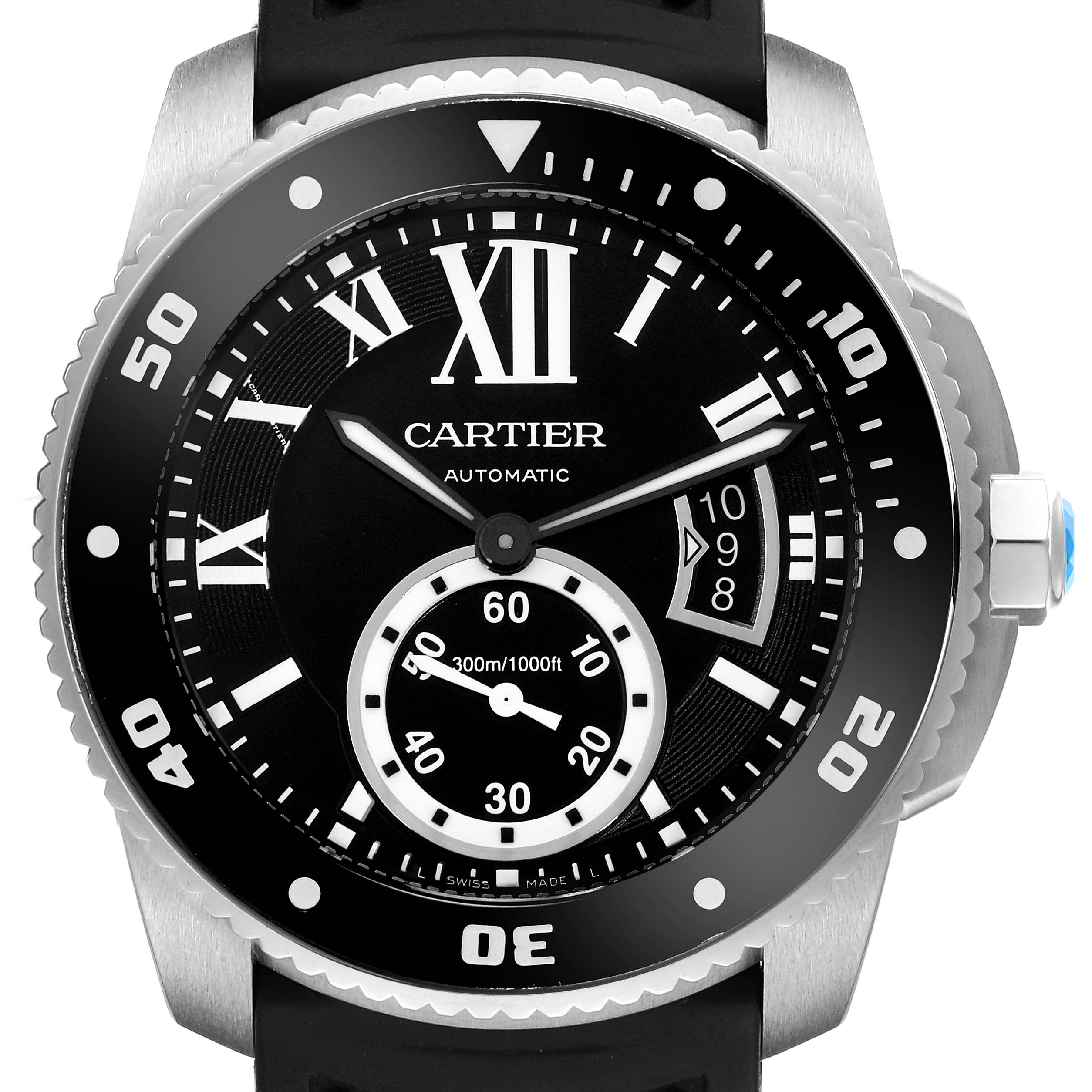 The Calibre de Cartier watch is shown from a front angle, highlighting the dial, bezel, and date window.