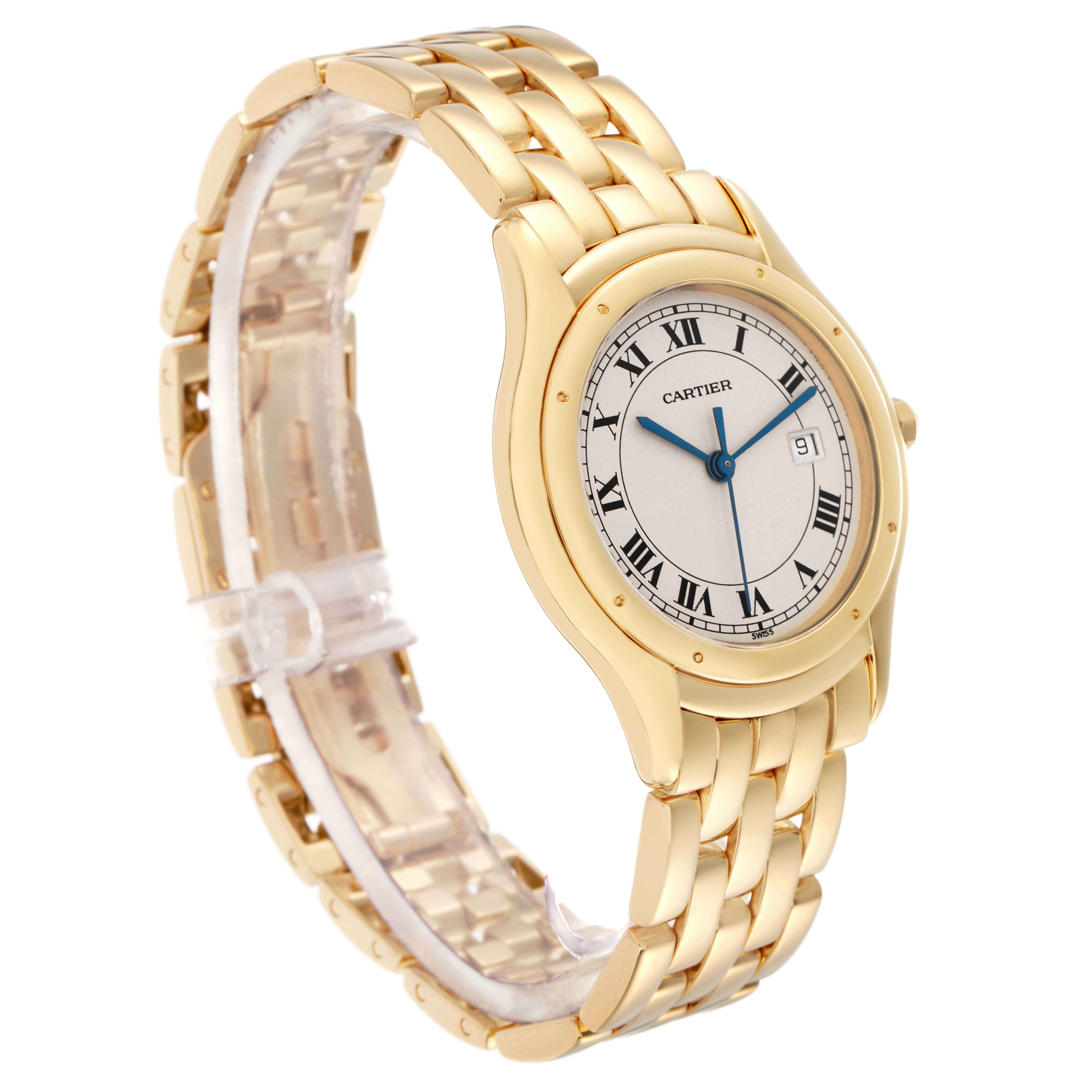 The Cartier Panthère watch is shown at a three-quarter angle, highlighting the gold bracelet and the face with Roman numerals.