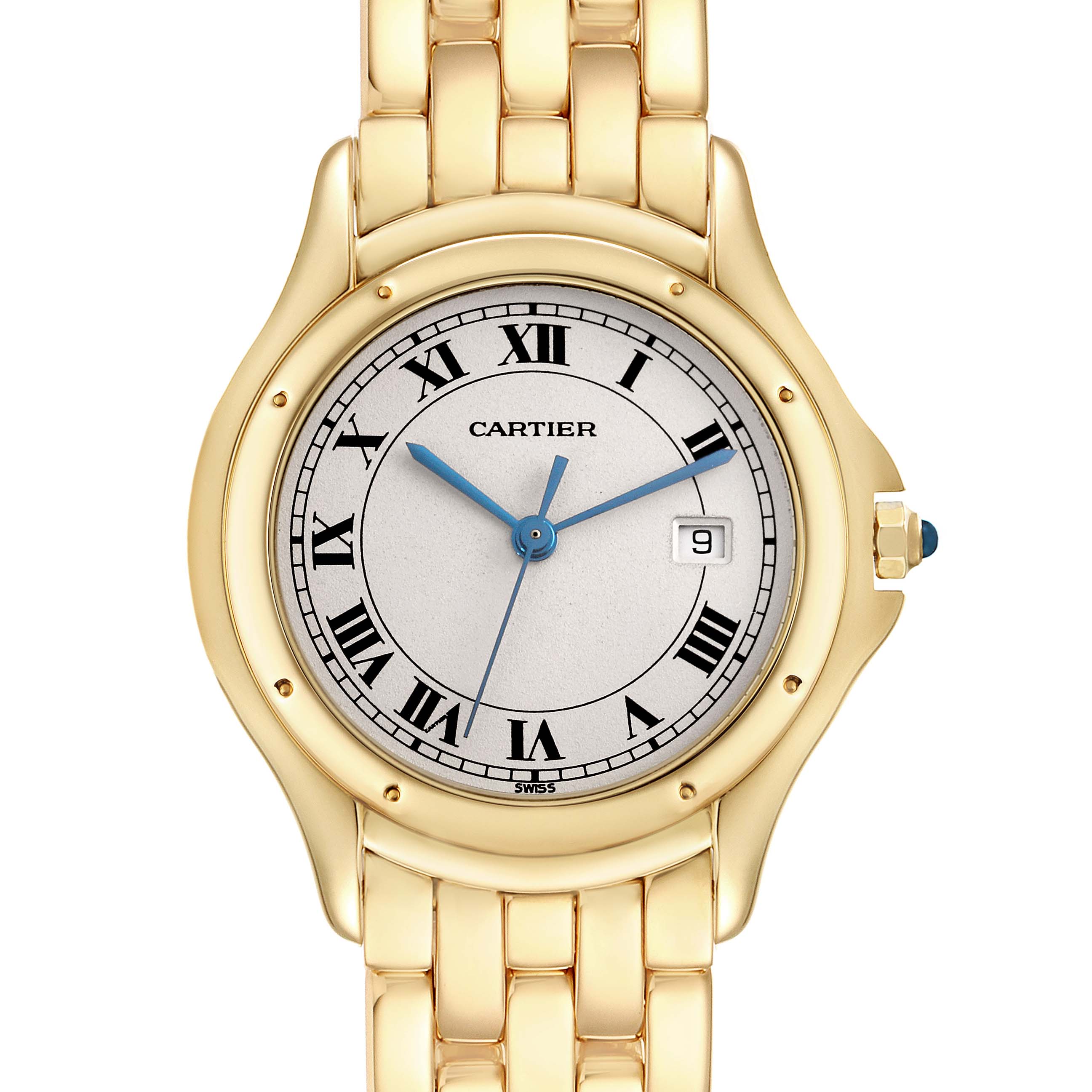 The Cartier Panthere W25013B9 Men
s Yellow Gold Silver Dial W25013B9 Men
s Yellow Gold Silver Dial watch is shown from the front, highlighting the gold bracelet, Roman numeral dial, and date window.