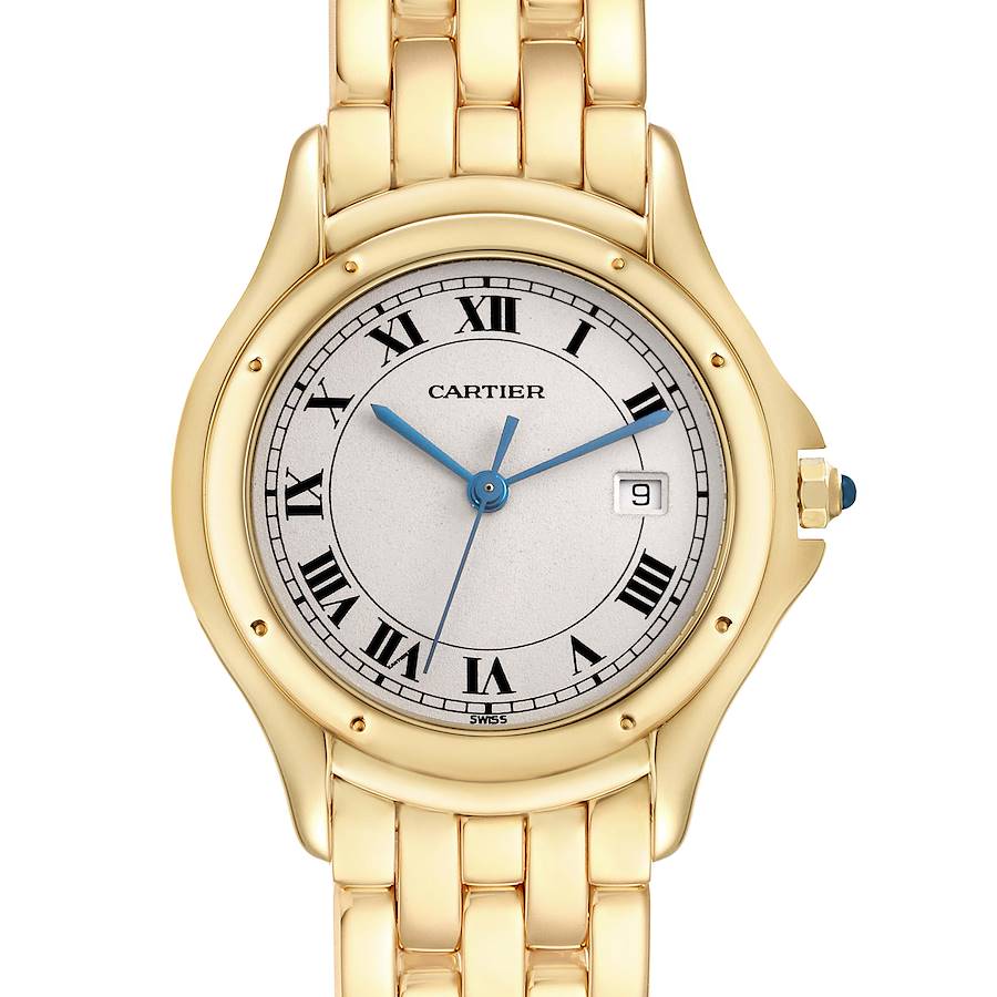 The Cartier Panthere watch is shown from the front, highlighting the gold bracelet, Roman numeral dial, and date window.