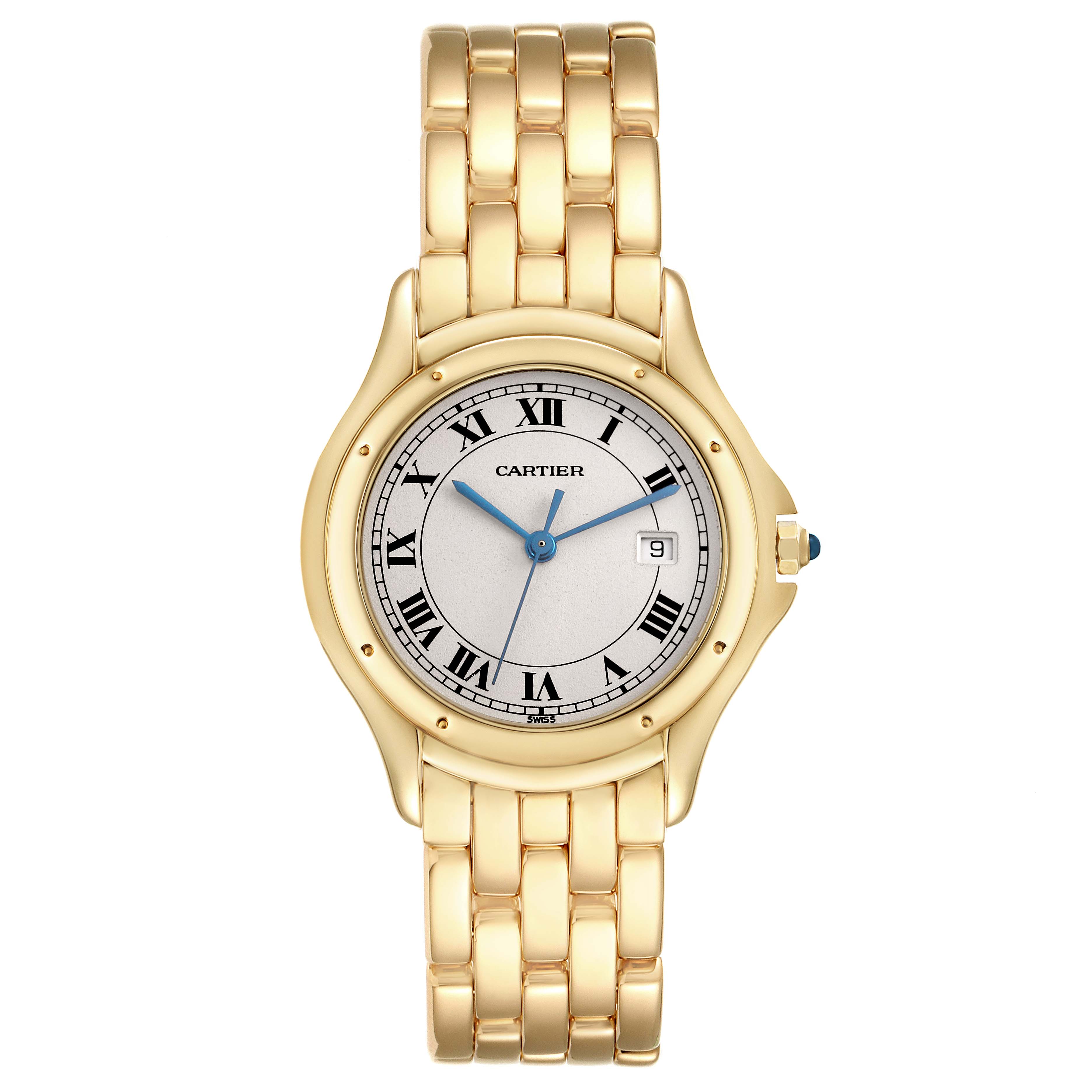 The Cartier Panthère watch is shown from a top-down angle, featuring the full face, case, and bracelet.