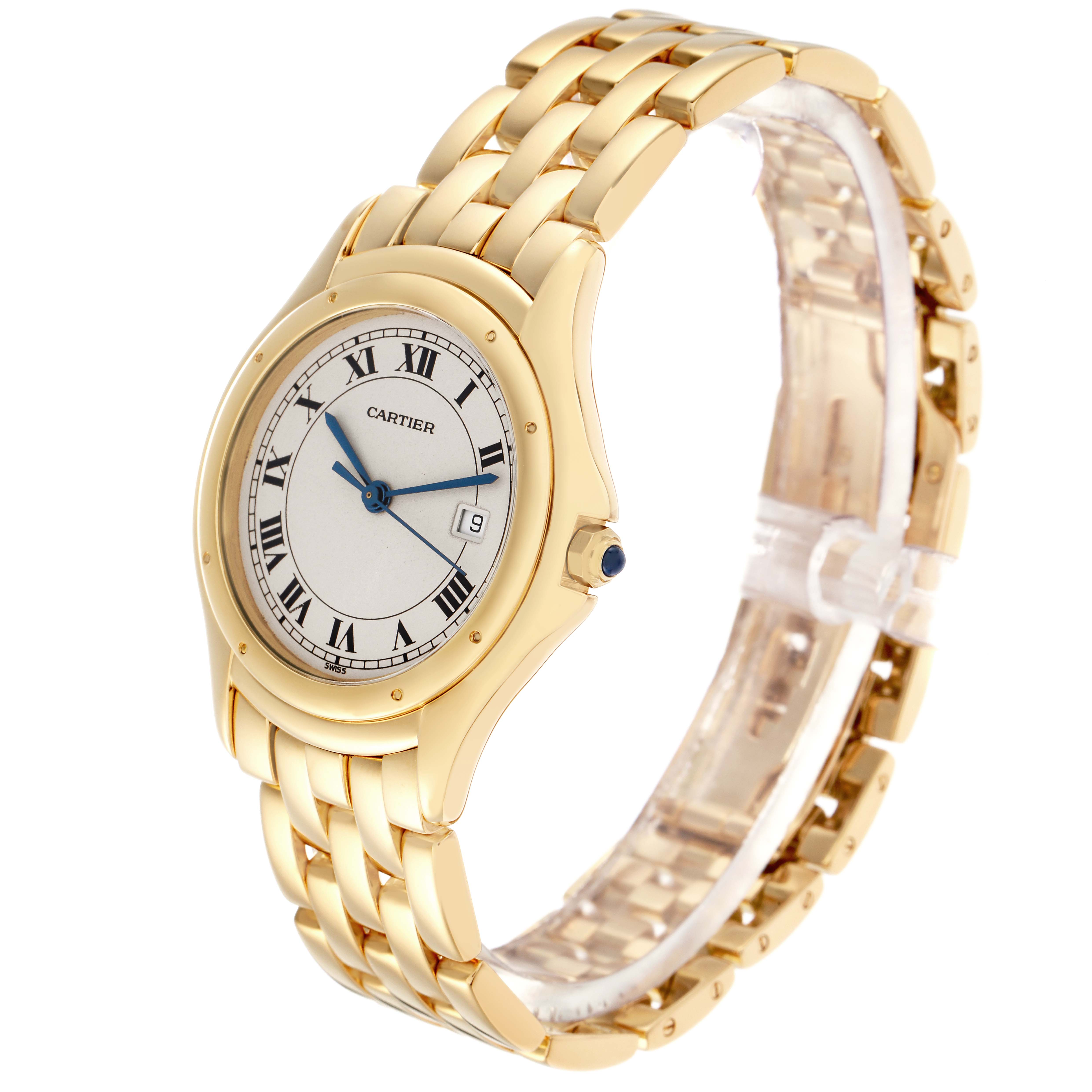 The Cartier Panthere W25013B9 Men
s Yellow Gold Silver Dial W25013B9 Men
s Yellow Gold Silver Dial watch is shown at a three-quarter angle, displaying the face, bezel, and full bracelet.