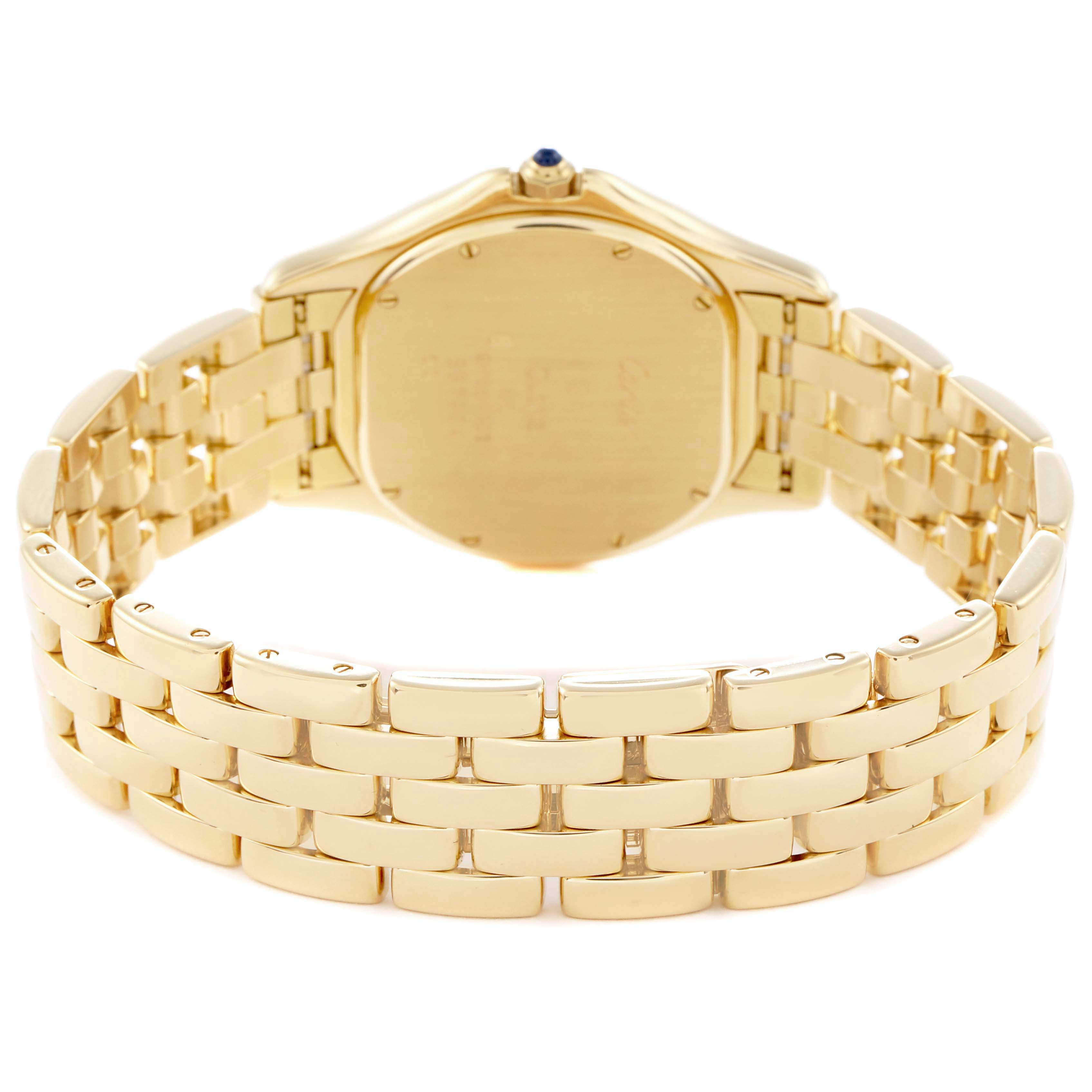 The image shows the back view of a Cartier Panthère watch, highlighting its gold bracelet and case back.