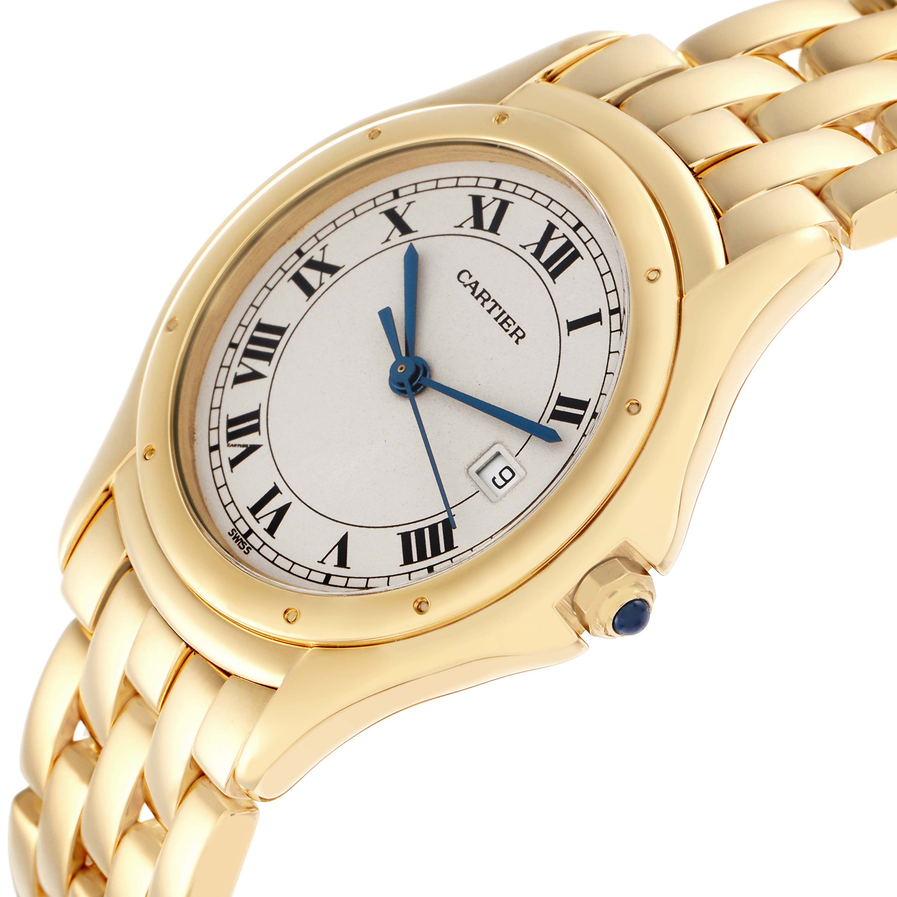 The Cartier Panthere W25013B9 Men
s Yellow Gold Silver Dial W25013B9 Men
s Yellow Gold Silver Dial watch is shown at a slight angle, highlighting the face, bezel, bracelet, and crown.