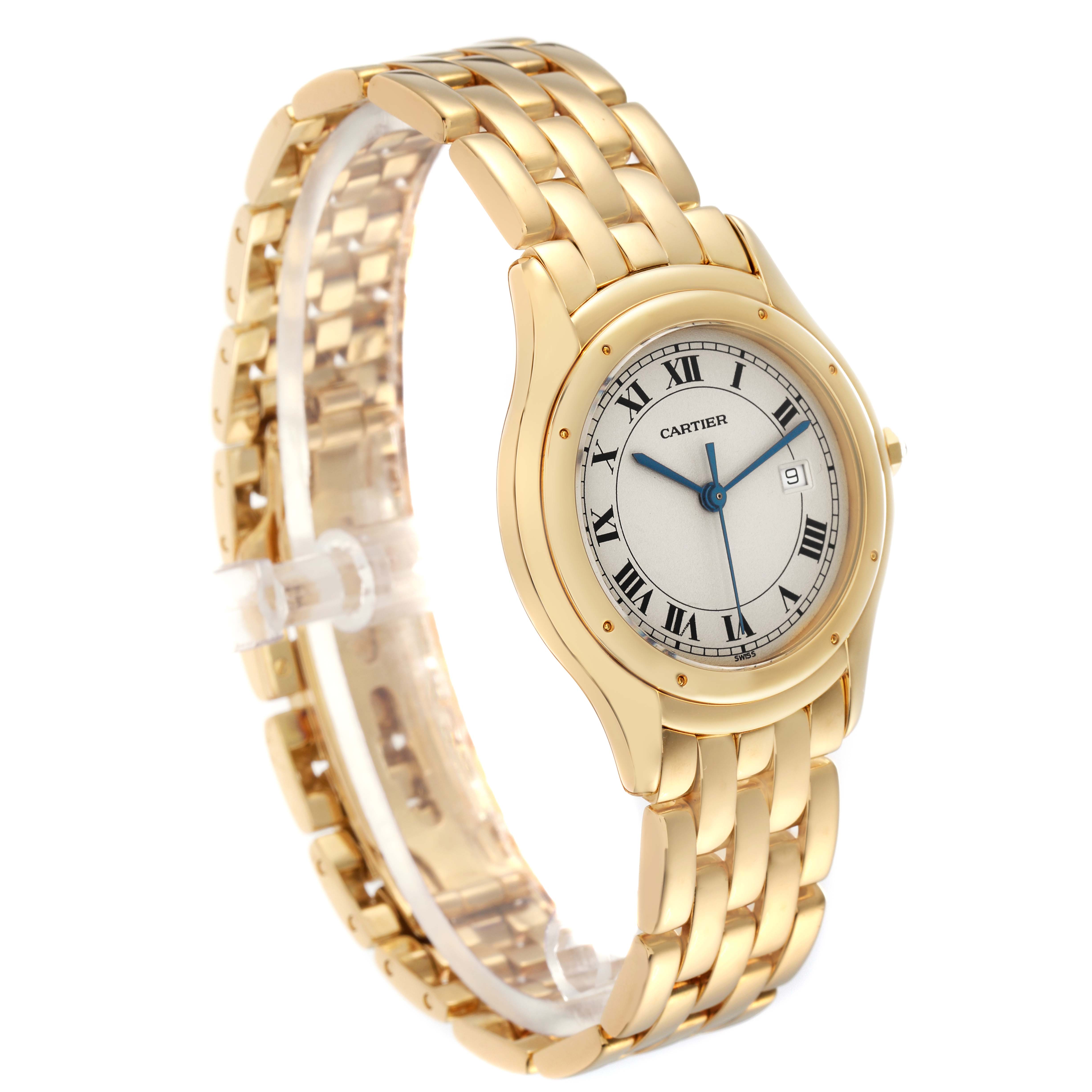 The Cartier Panthere W25013B9 Men
s Yellow Gold Silver Dial W25013B9 Men
s Yellow Gold Silver Dial watch is shown at a three-quarter angle, highlighting its gold bracelet and round dial with Roman numerals.