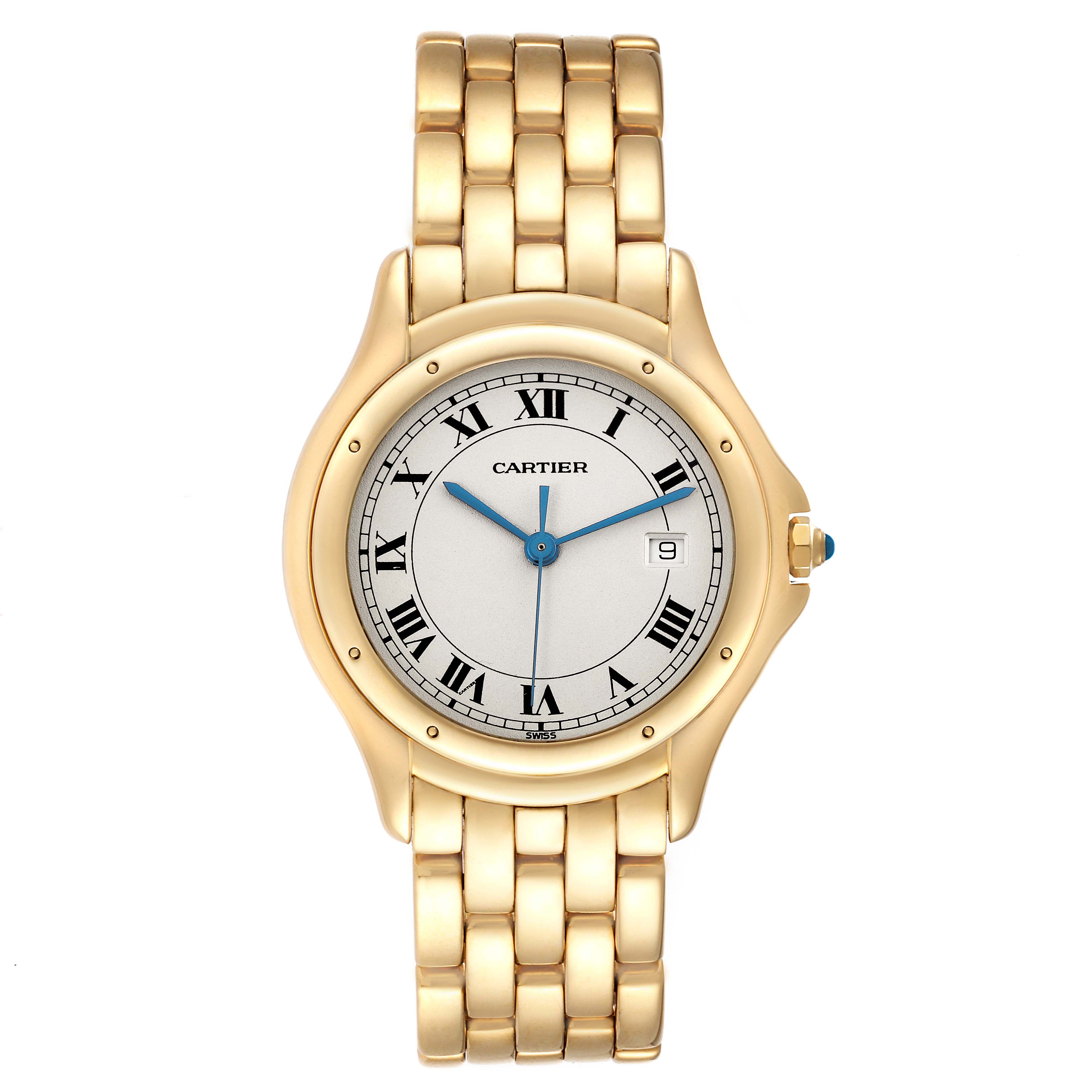 The Cartier Panthere W25013B9 Men
s Yellow Gold Silver Dial W25013B9 Men
s Yellow Gold Silver Dial watch is shown from a top-down angle, displaying the full face, gold bracelet, and crown.