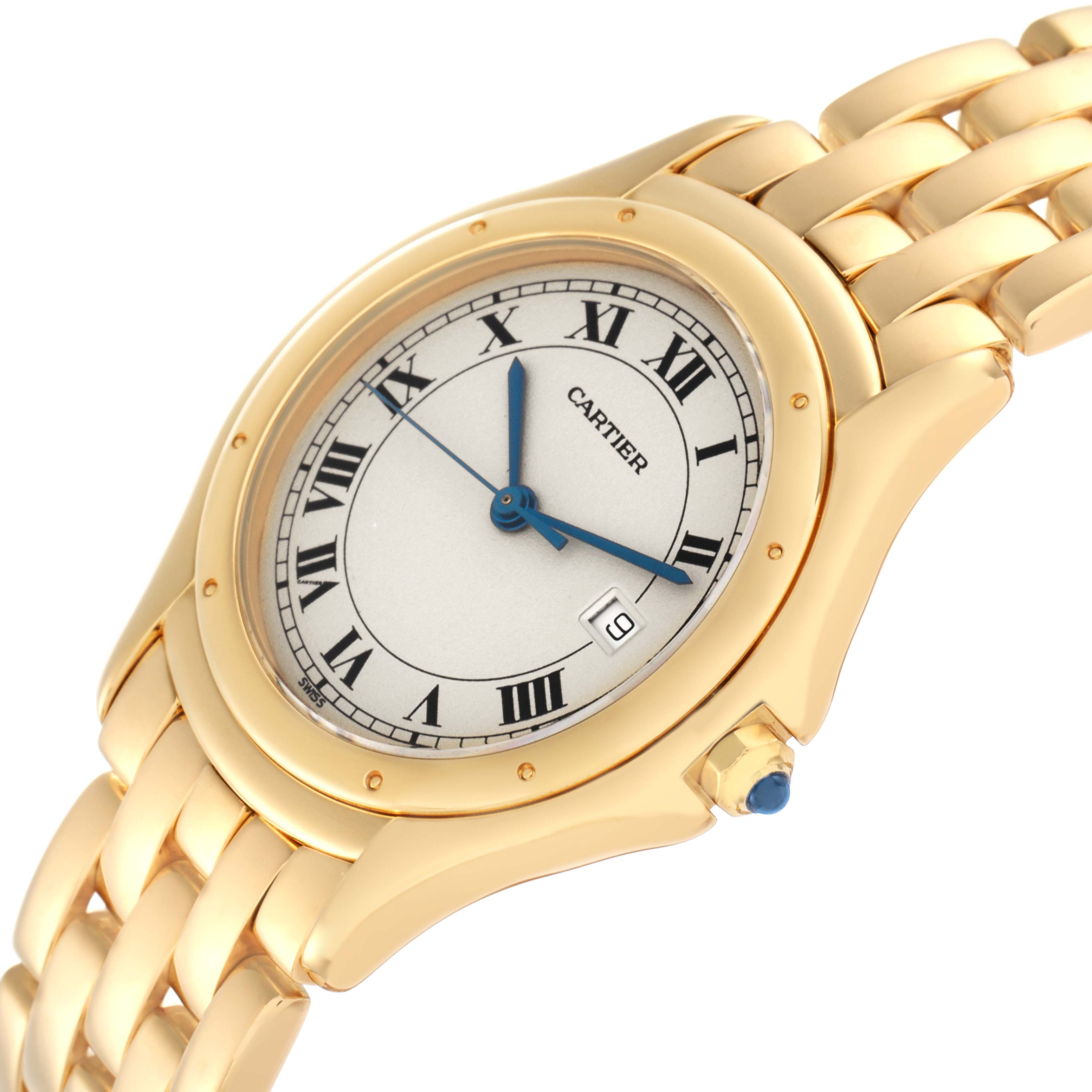 The Cartier Panthere W25013B9 Men
s Yellow Gold Silver Dial W25013B9 Men
s Yellow Gold Silver Dial watch is shown at an angle highlighting the dial, bezel, crown, and part of the bracelet.