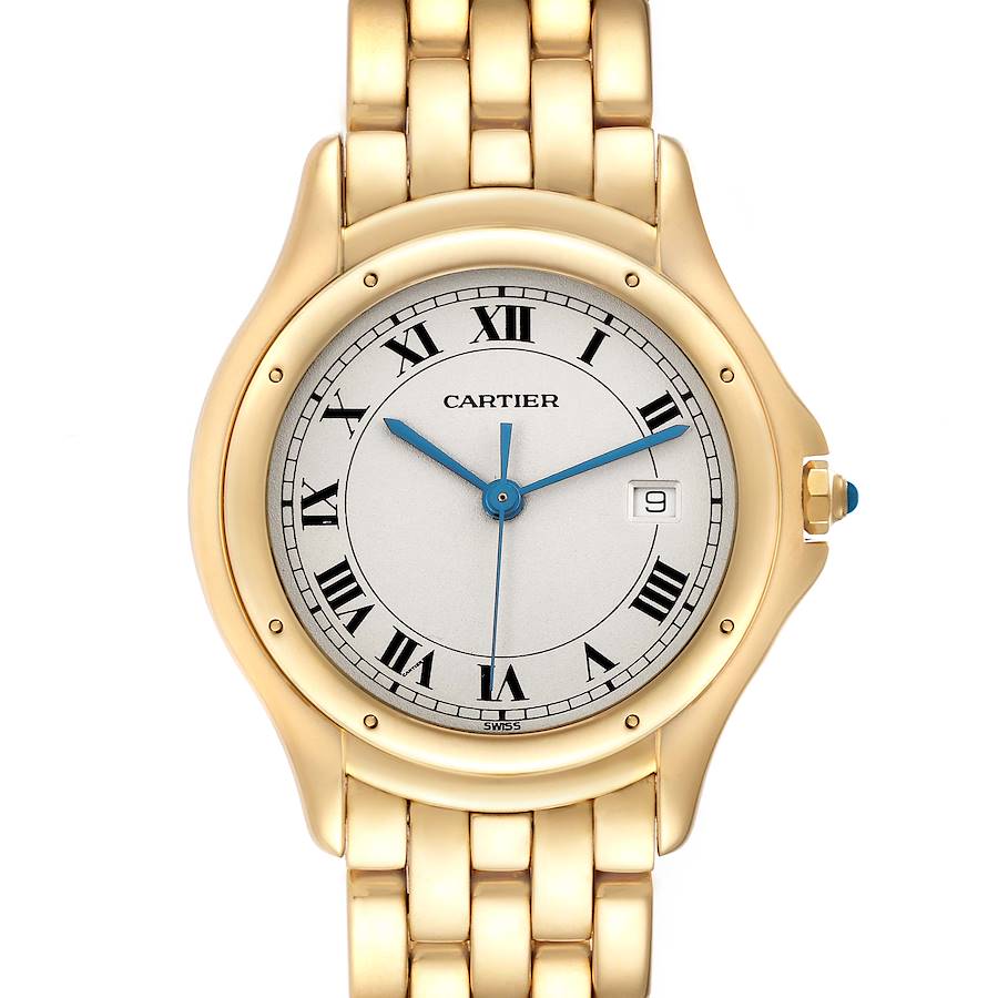 The Cartier Panthere watch is shown from a frontal angle, displaying its face, bezel, crown, and part of the bracelet.