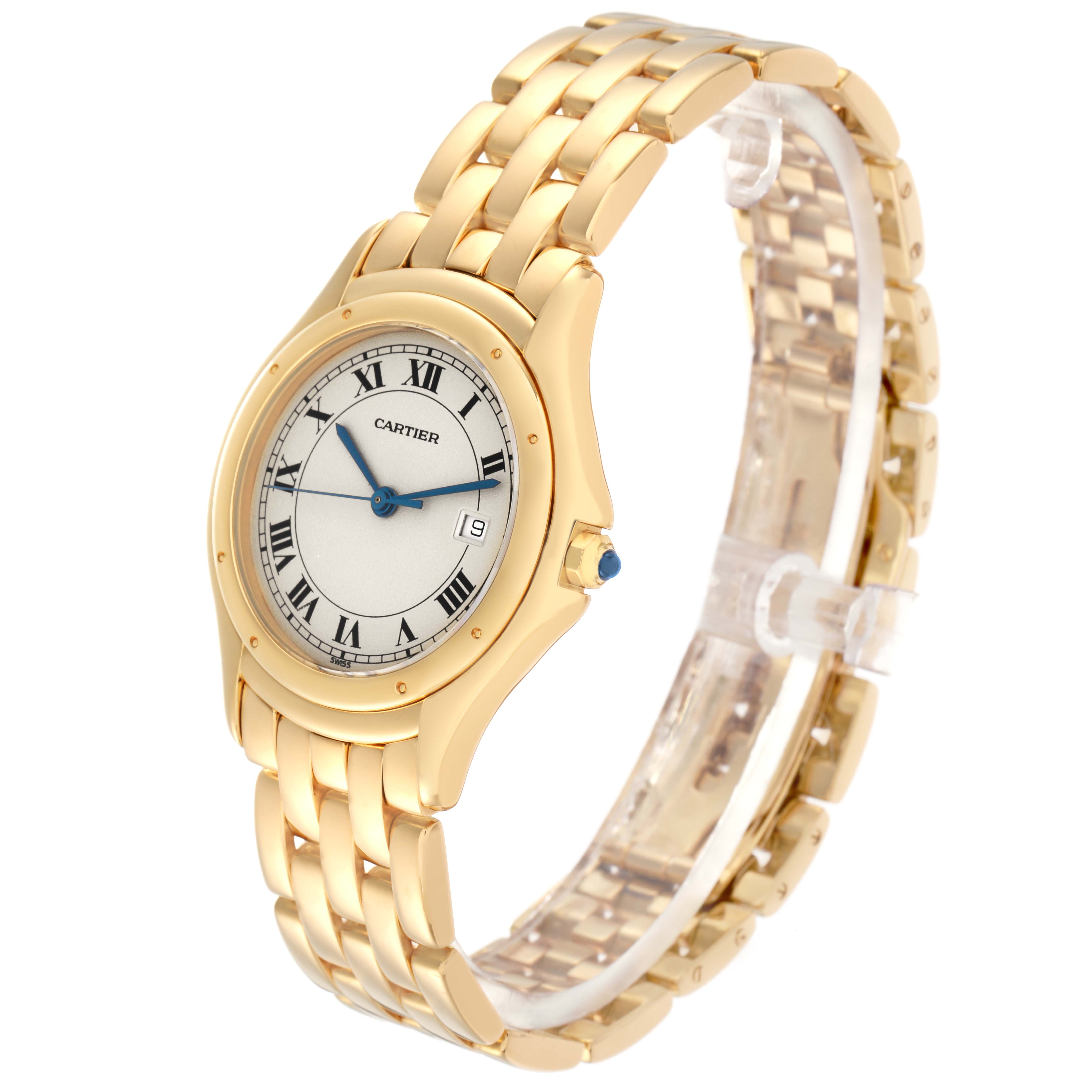 The Cartier Panthere W25013B9 Men
s Yellow Gold Silver Dial W25013B9 Men
s Yellow Gold Silver Dial watch is shown at a slight angled side view, displaying the face, bracelet, and crown.