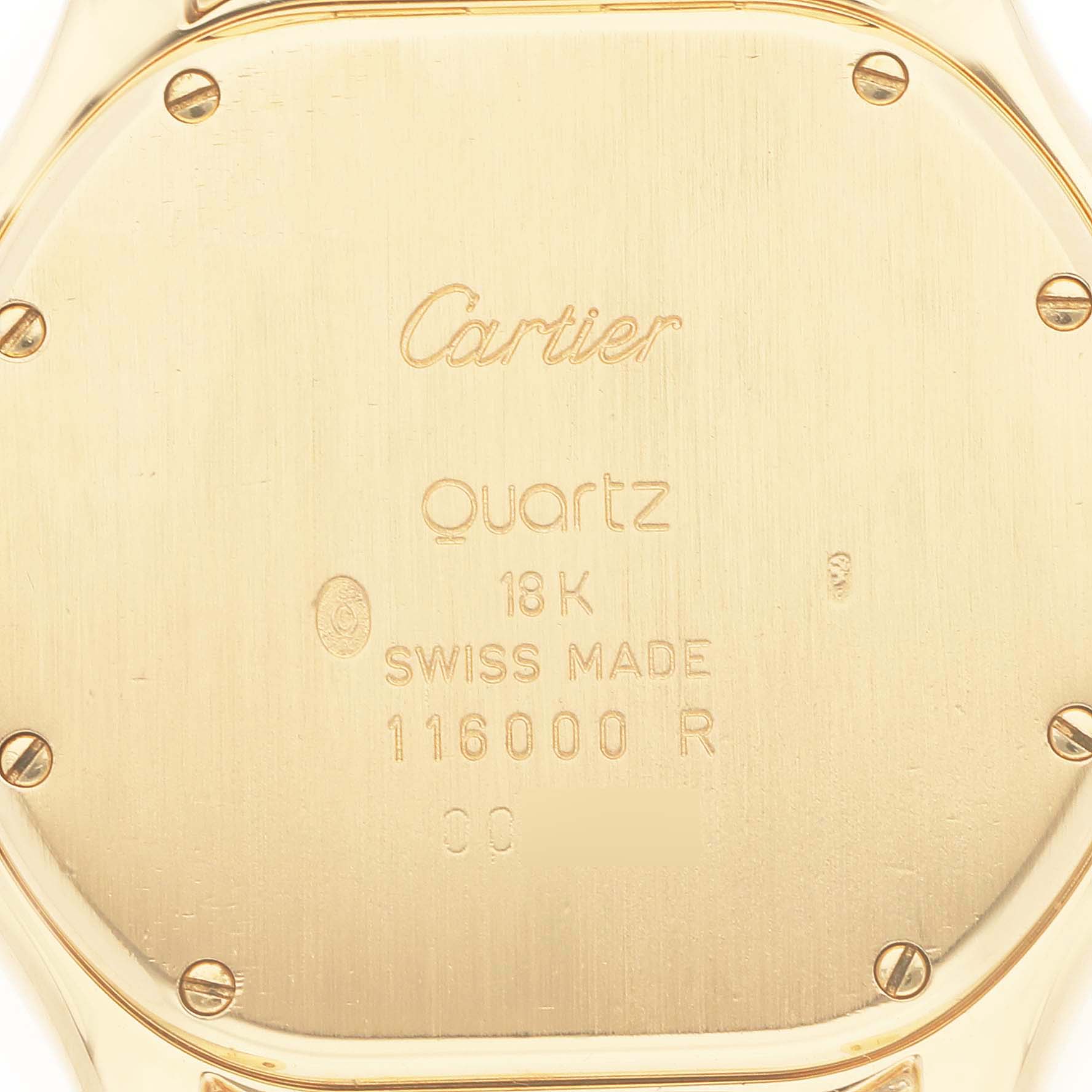 The image shows the back of a Cartier Panthere W25013B9 Men
s Yellow Gold Silver Dial W25013B9 Men
s Yellow Gold Silver Dial watch, featuring engravings and screws.