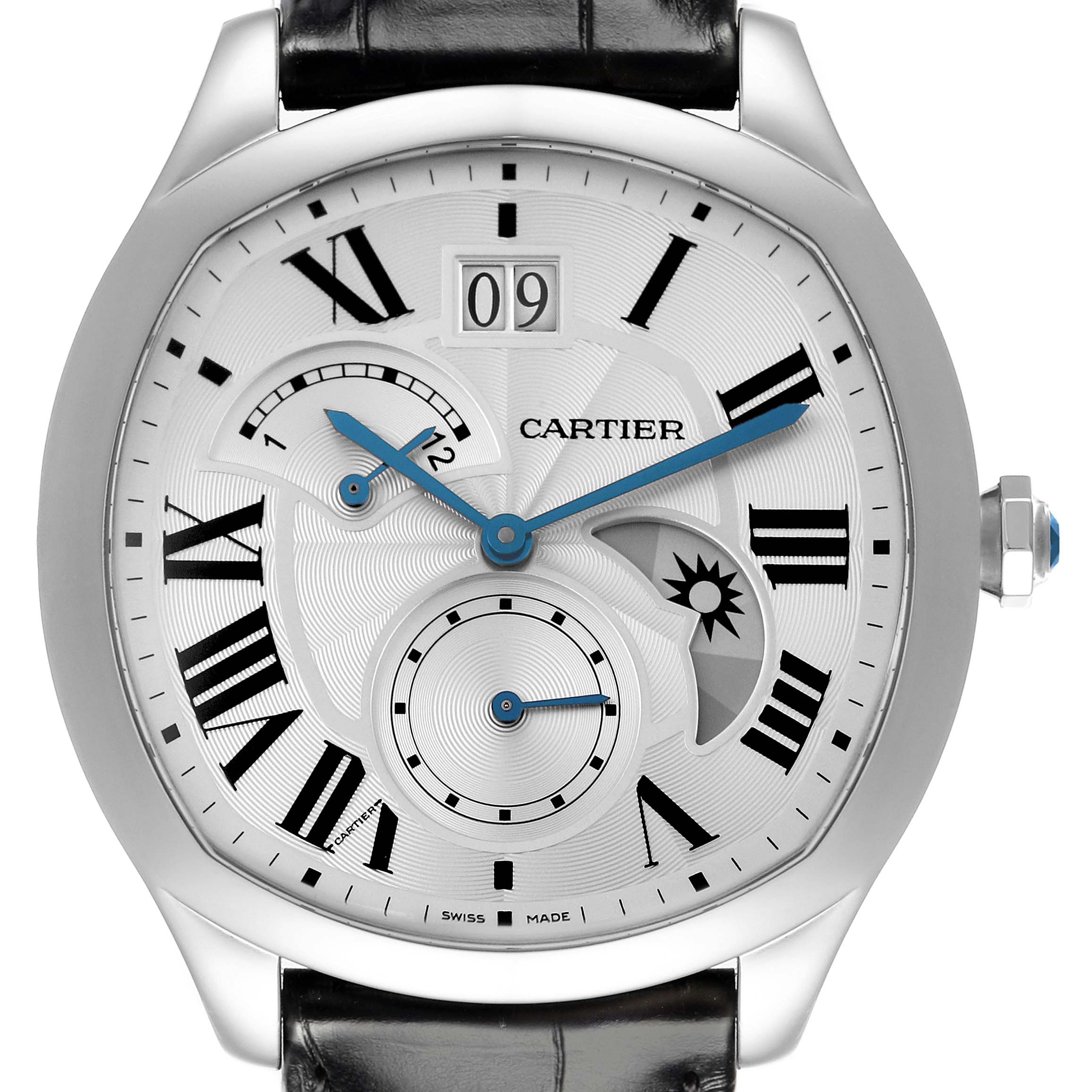 The Drive de Cartier watch is shown from a front angle, displaying its dial, hands, subdial, date window, and crown.