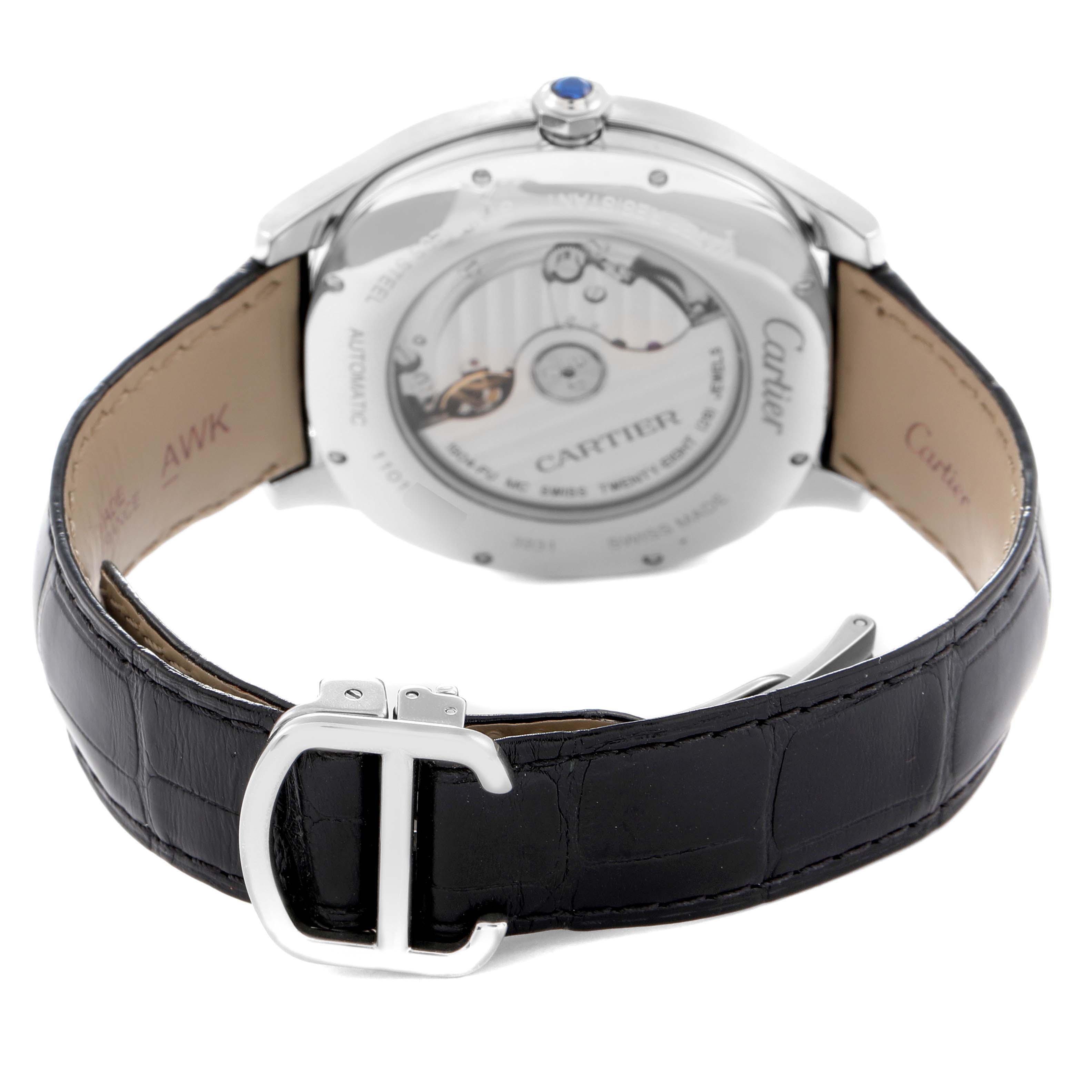 The image shows the Drive de Cartier watch from the back, highlighting the case back and leather strap with buckle.