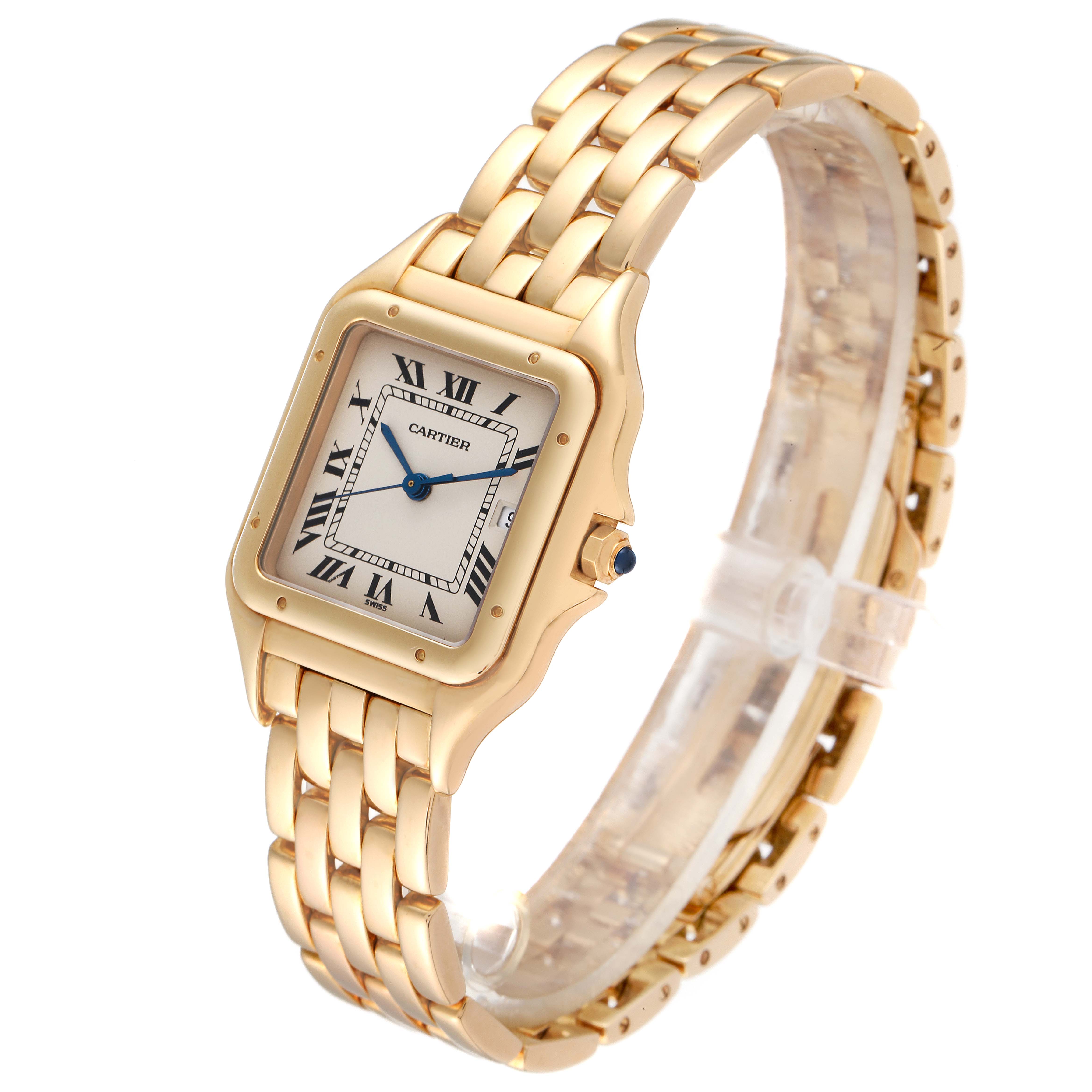 This image shows a Cartier Panthere W25014B9 Men
s Yellow Gold Silver Dial W25014B9 Men
s Yellow Gold Silver Dial model watch at a three-quarter angle, highlighting the gold bracelet and square face.