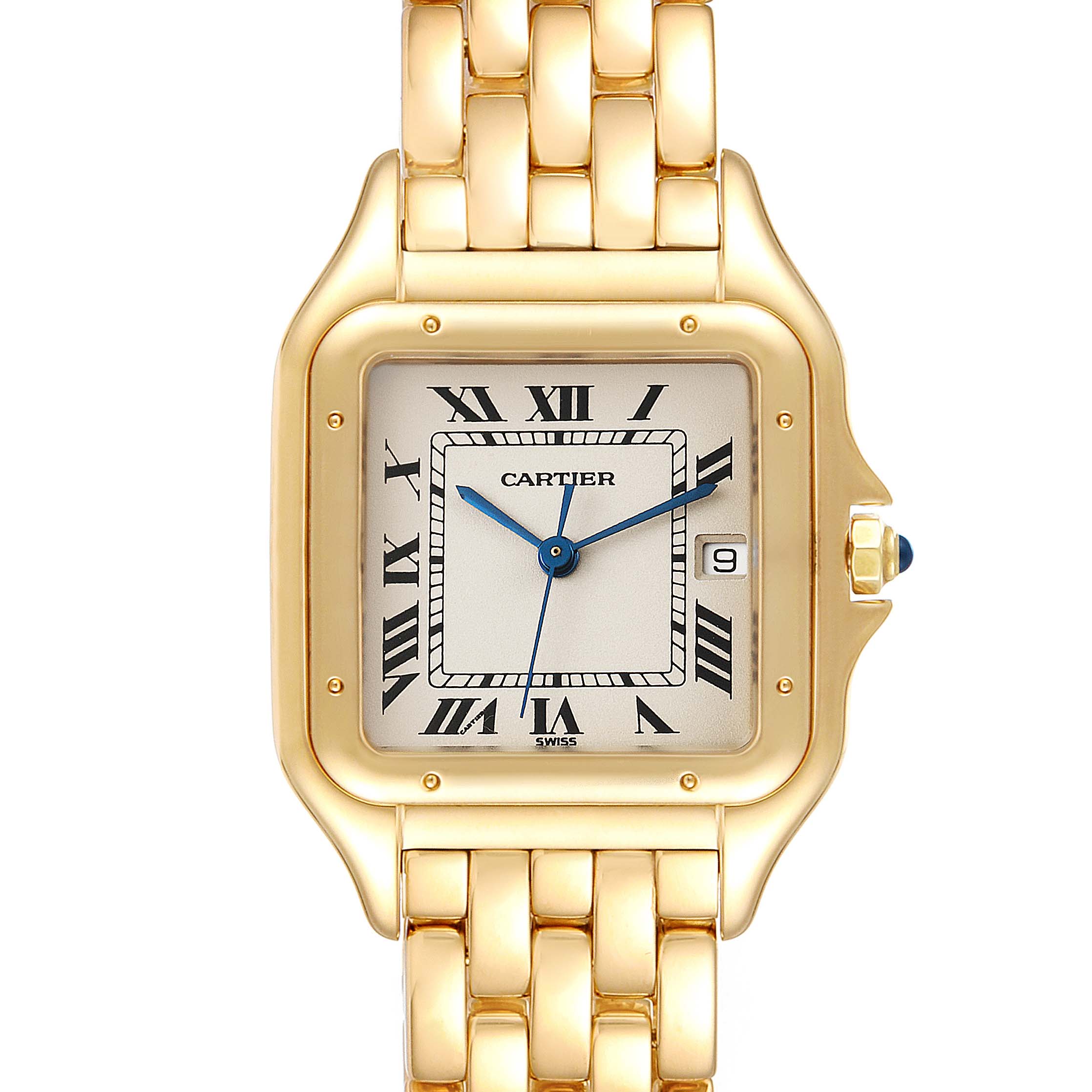 This image shows a front view of the Panthere model watch by Cartier, highlighting the face, bezel, crown, and part of the bracelet.