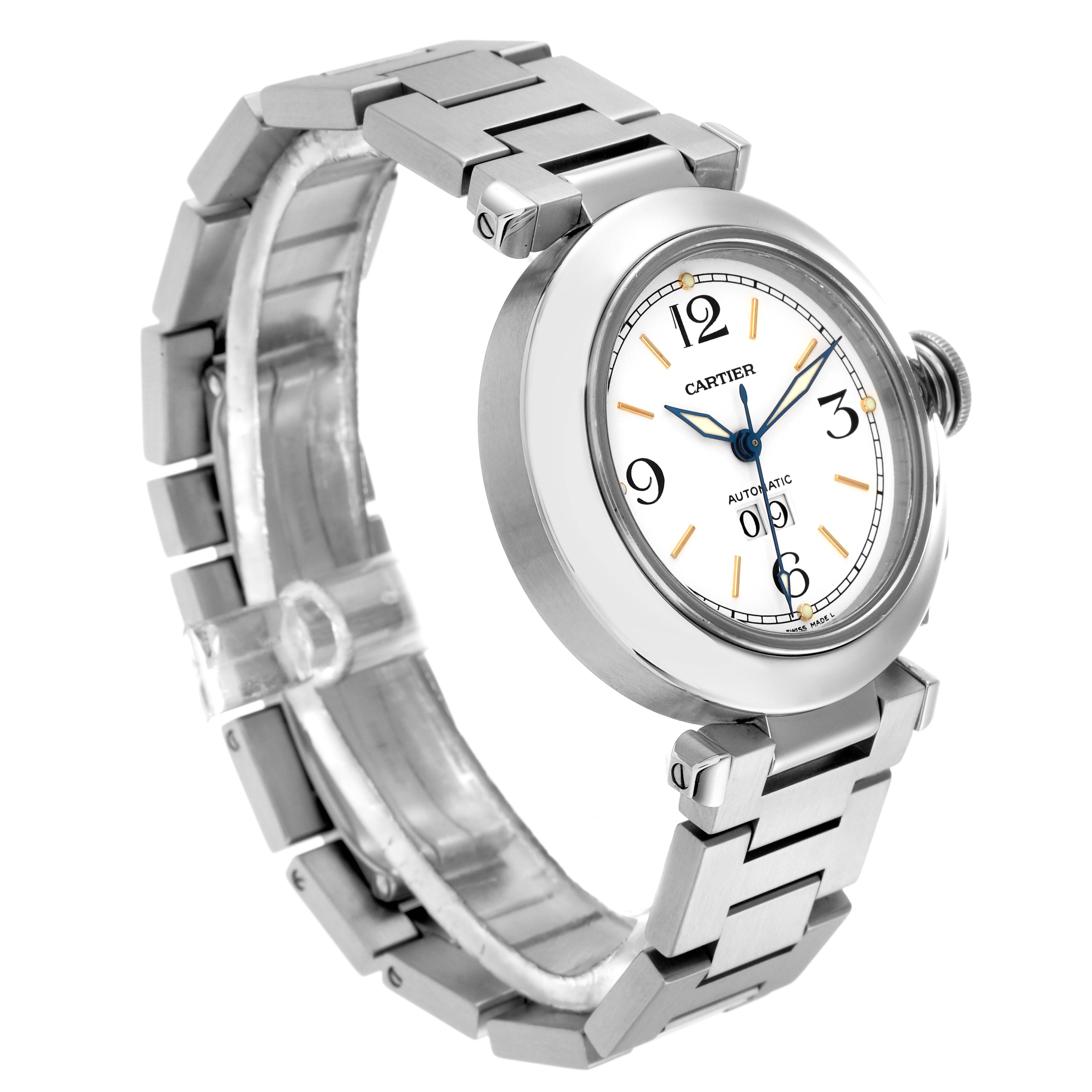 The Cartier Pasha W31044M7 Men
s Stainless Steel White Dial W31044M7 Men
s Stainless Steel White Dial watch is shown at a slight side angle, highlighting the face, bezel, bracelet, and crown.