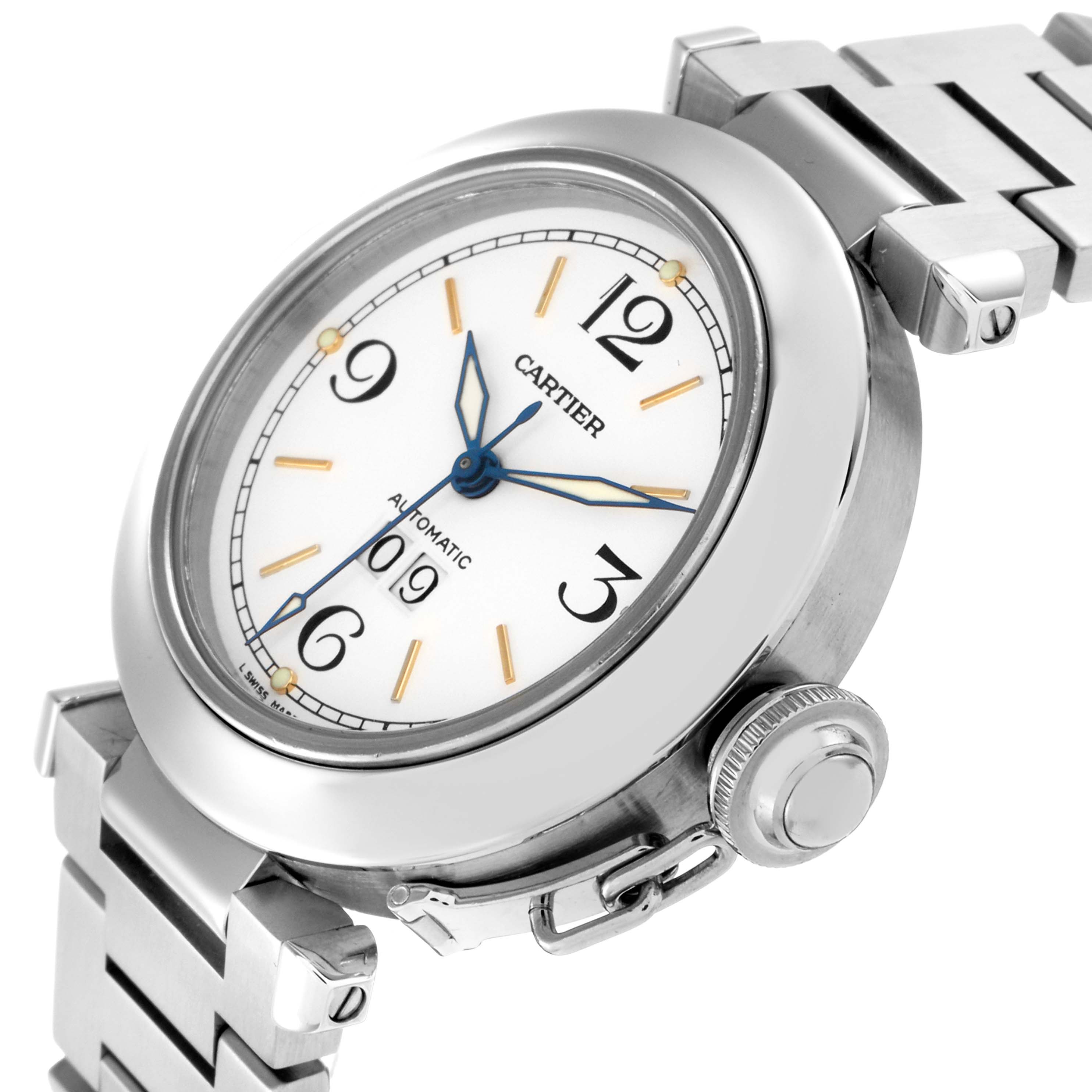 The image shows a Cartier Pasha W31044M7 Men
s Stainless Steel White Dial W31044M7 Men
s Stainless Steel White Dial watch at an angled side view, highlighting the face, hands, crown, and part of the bracelet.