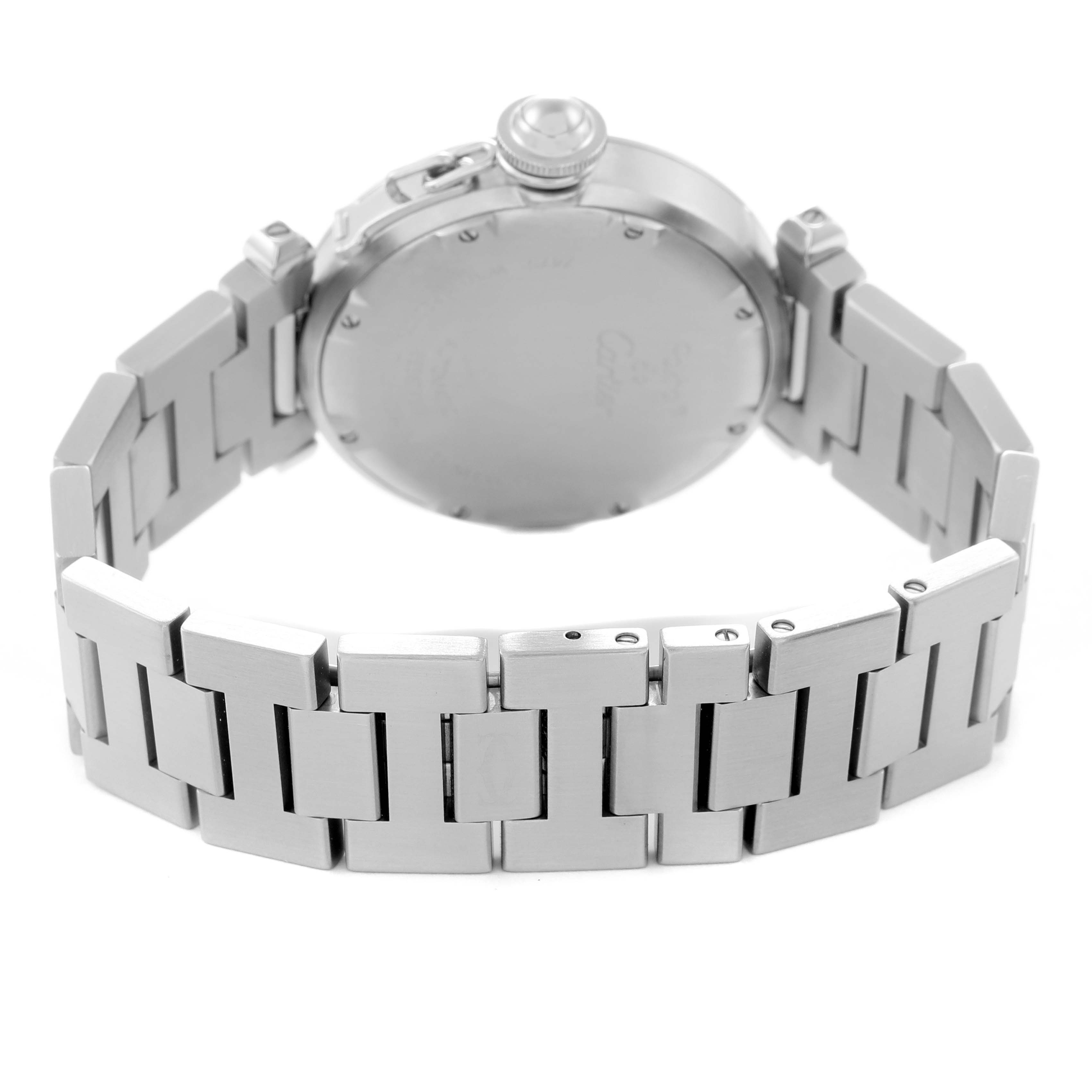 The image shows the back and bracelet of a Cartier Pasha W31044M7 Men
s Stainless Steel White Dial W31044M7 Men
s Stainless Steel White Dial watch, highlighting its clasp and screw details from a rear angle.