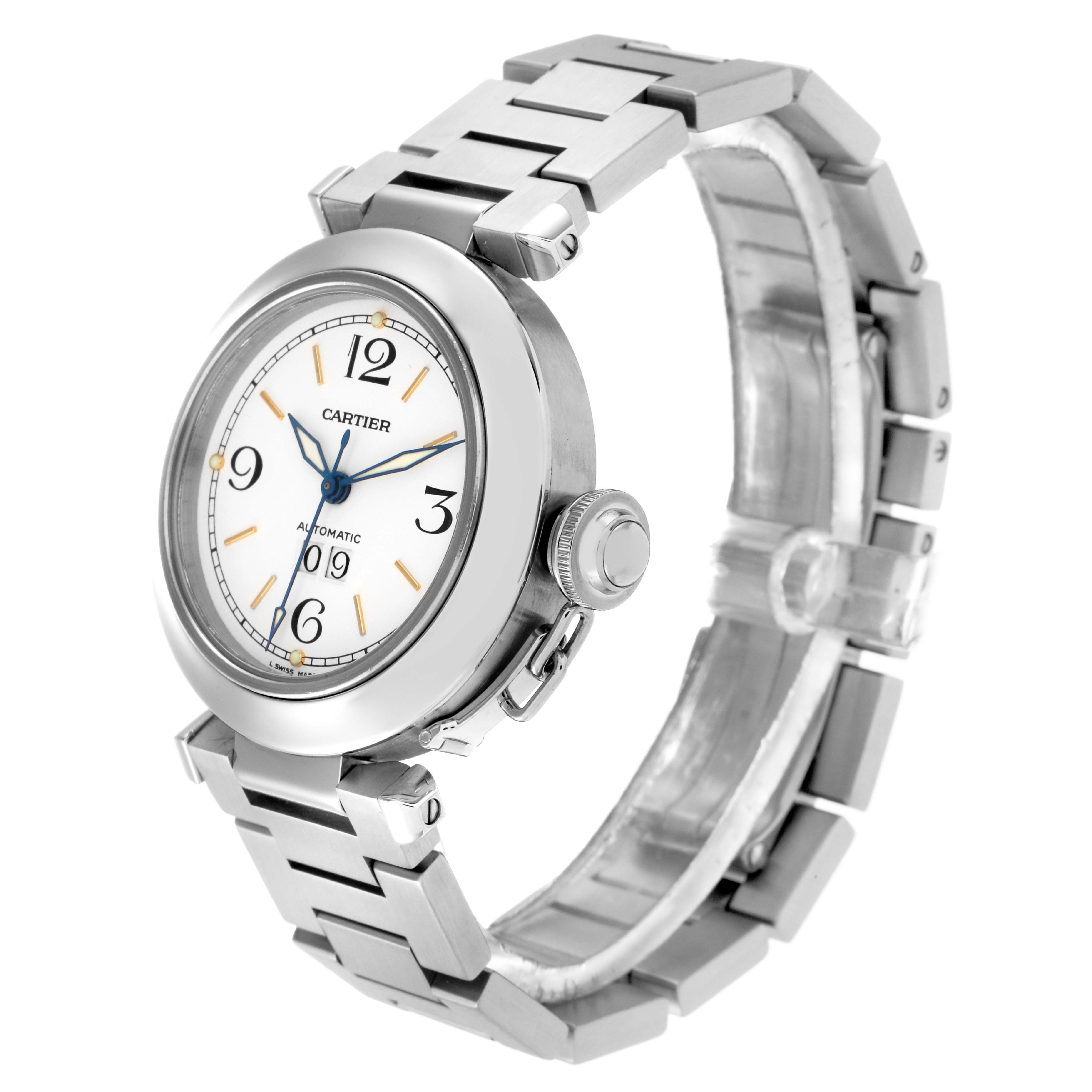 The Cartier Pasha W31044M7 Men
s Stainless Steel White Dial W31044M7 Men
s Stainless Steel White Dial watch is shown at a three-quarter angle, featuring its dial, metal bracelet, and crown.