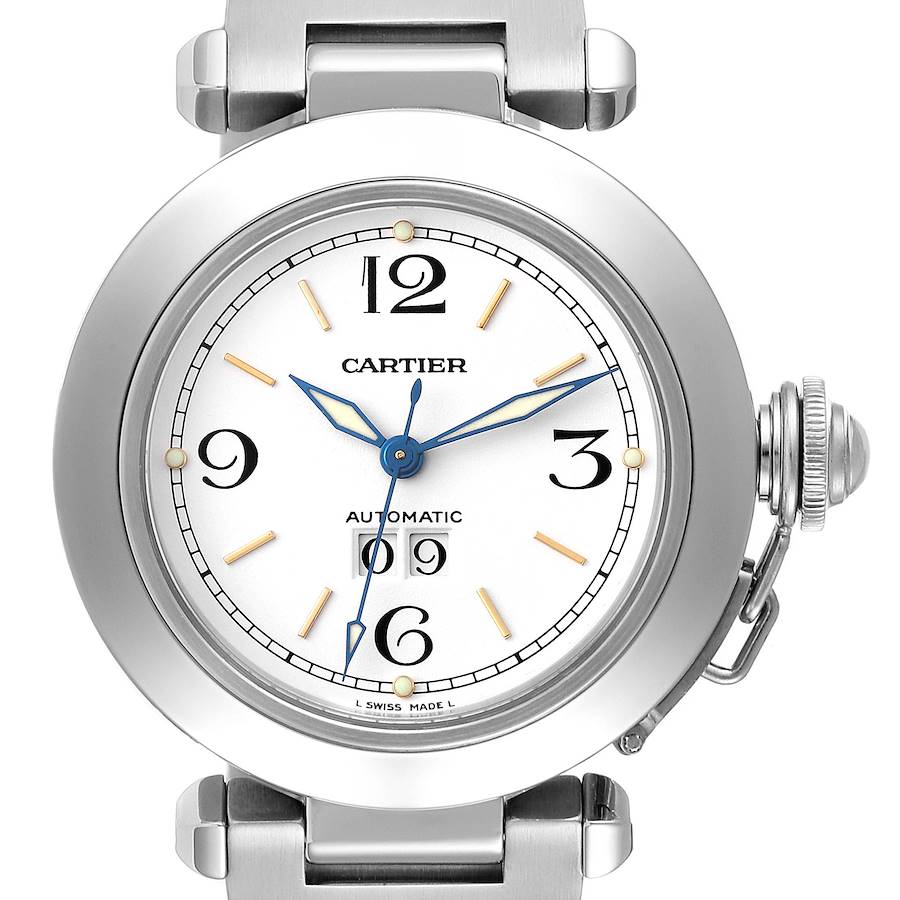 The Cartier Pasha watch is shown from a front angle, highlighting the dial, crown, and part of the bracelet.