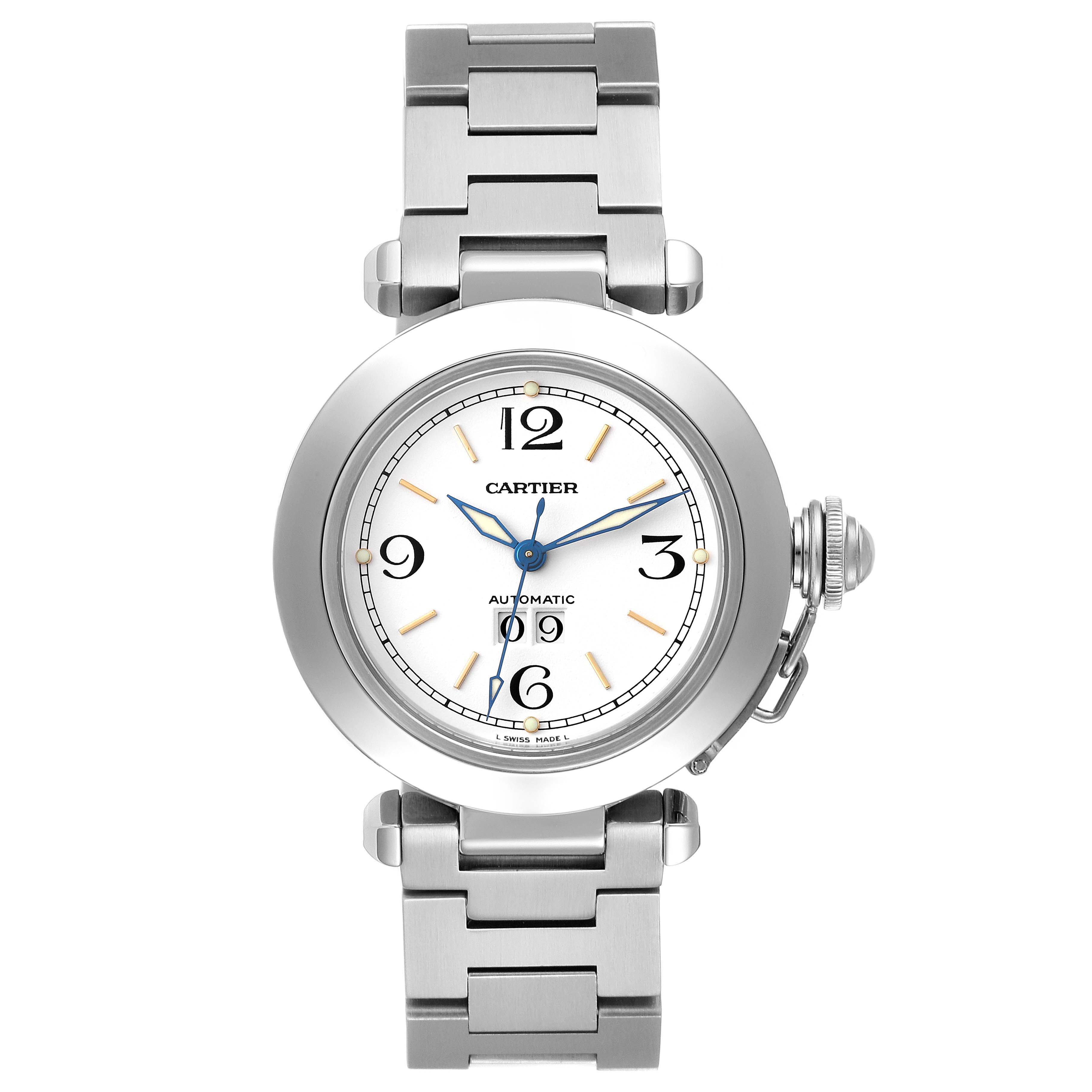 The Cartier Pasha W31044M7 Men
s Stainless Steel White Dial W31044M7 Men
s Stainless Steel White Dial watch is shown from a top-down angle, displaying its face, bezel, and bracelet.