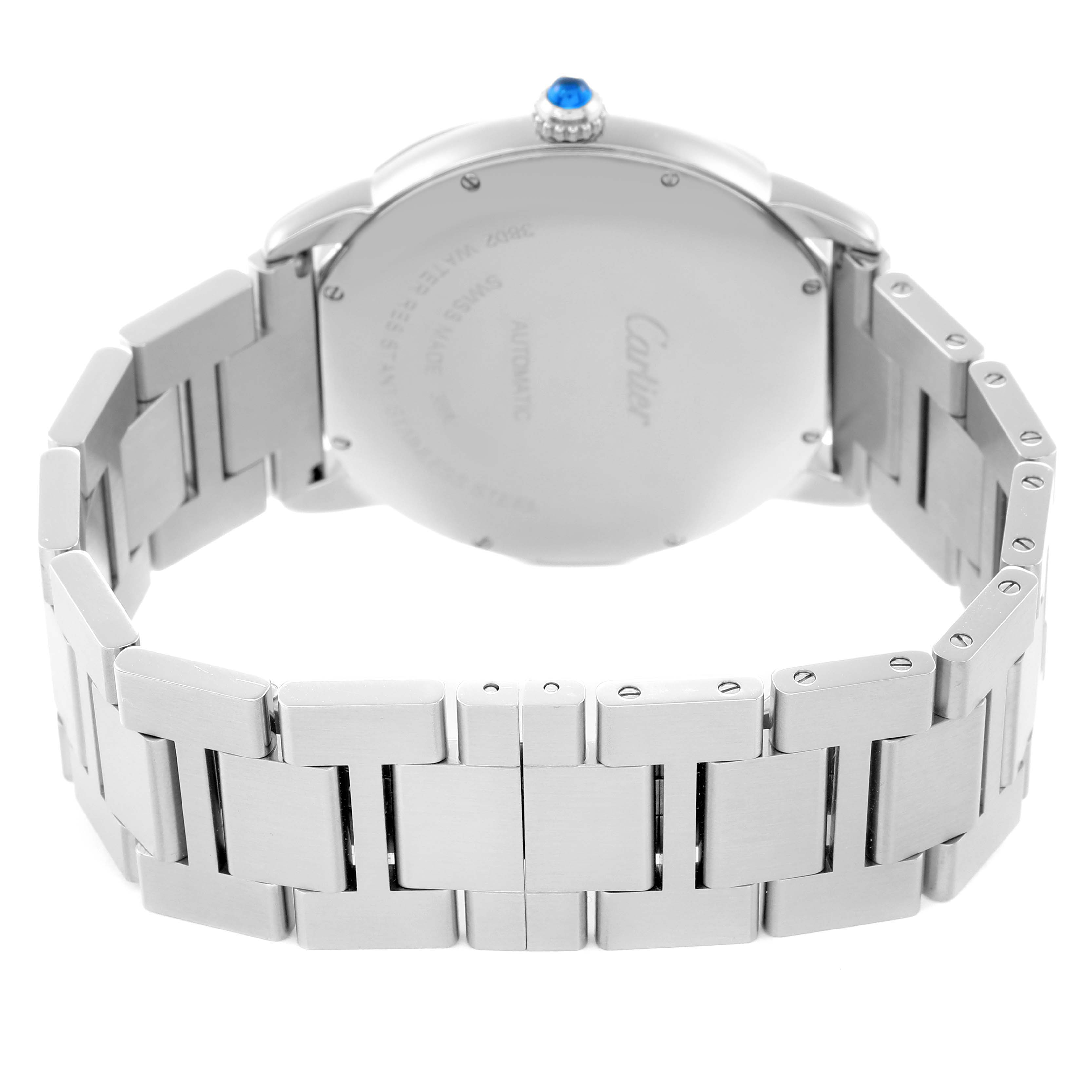 The image shows the back view of a Cartier Ronde WSRN0023 Men
s Stainless Steel Blue Dial WSRN0023 Men
s Stainless Steel Blue Dial watch, highlighting its caseback and metal bracelet.