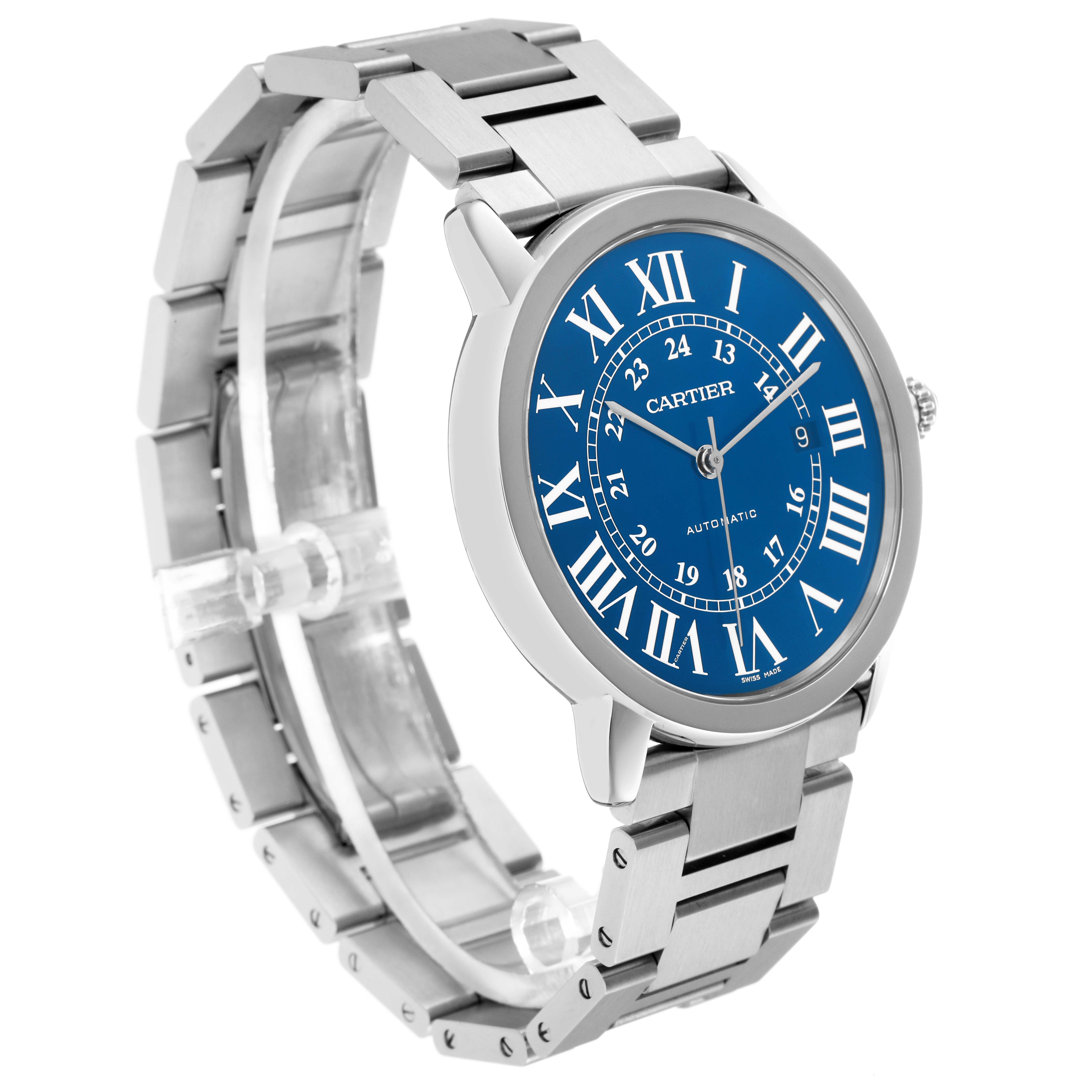 The Cartier Ronde WSRN0023 Men
s Stainless Steel Blue Dial WSRN0023 Men
s Stainless Steel Blue Dial watch is shown at a three-quarter angle, highlighting the blue dial, Roman numerals, and metal bracelet.