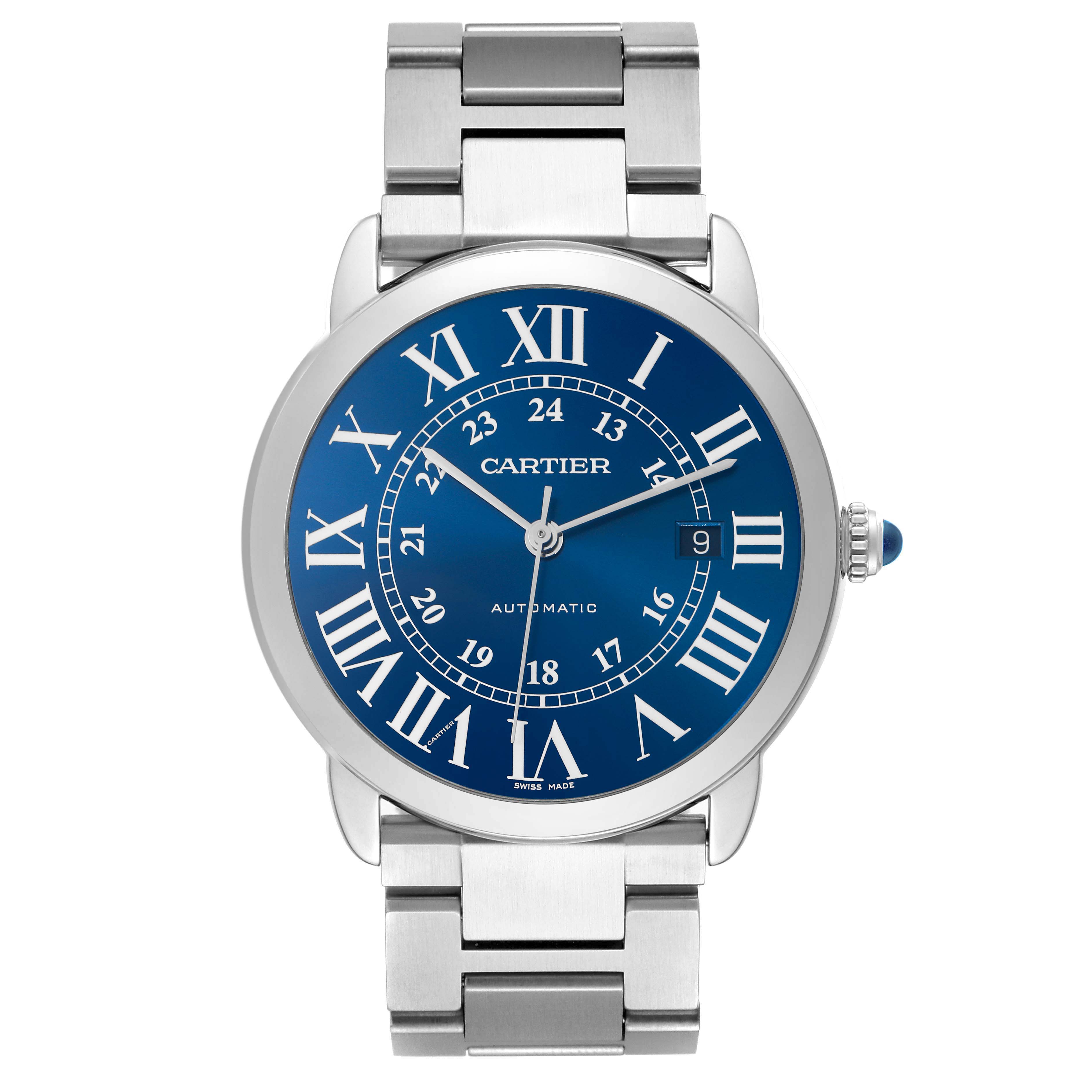 The Cartier Ronde WSRN0023 Men
s Stainless Steel Blue Dial WSRN0023 Men
s Stainless Steel Blue Dial watch is shown from a front angle, displaying its blue dial, Roman numerals, and silver bracelet.