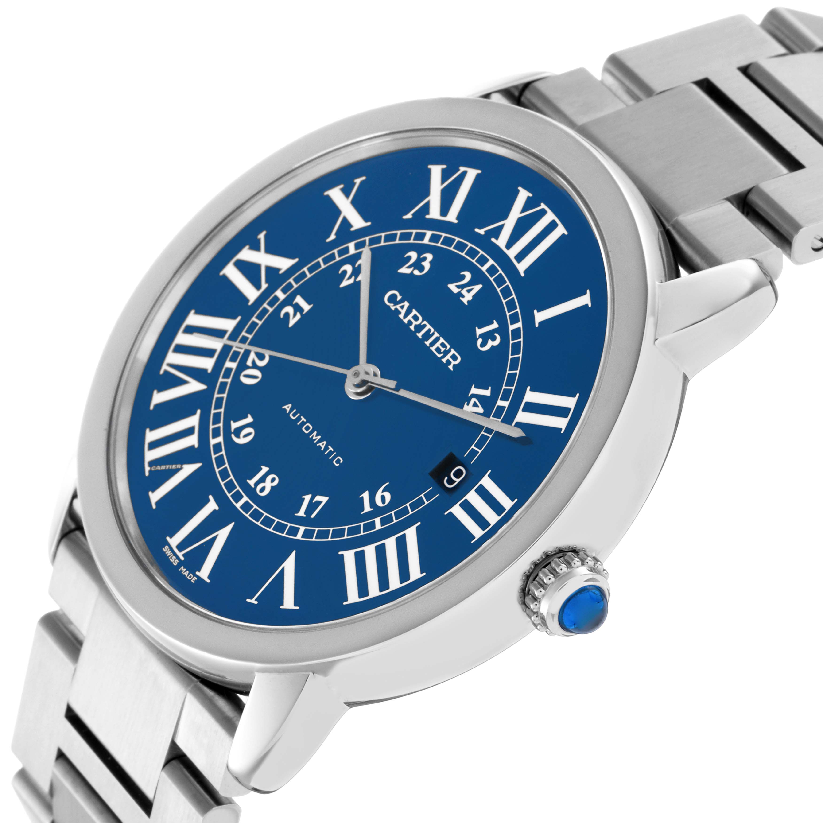 The image shows a side angle of the Cartier Ronde WSRN0023 Men
s Stainless Steel Blue Dial WSRN0023 Men
s Stainless Steel Blue Dial watch featuring a blue dial, Roman numerals, and a metal bracelet with a sapphire crown.