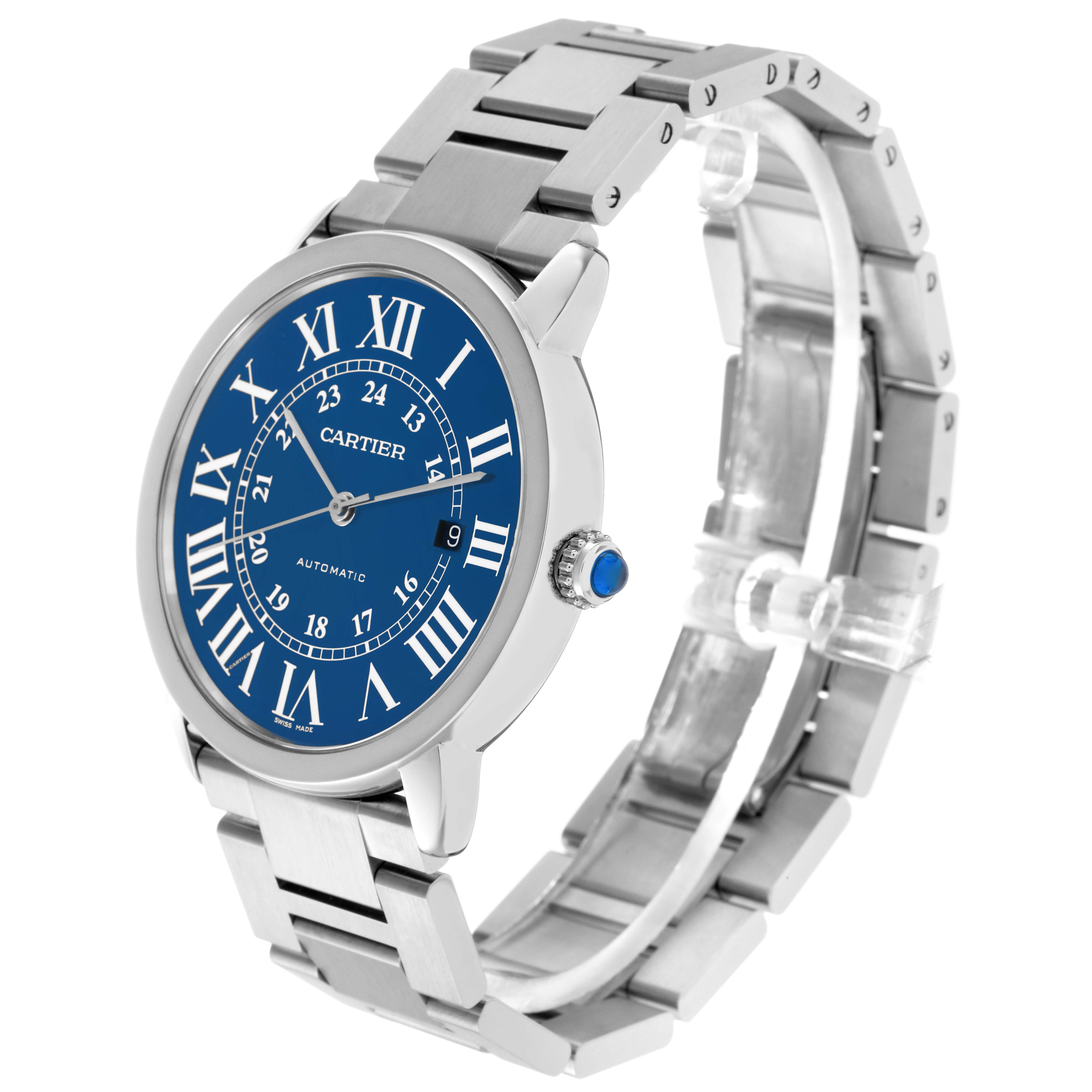 The Cartier Ronde WSRN0023 Men
s Stainless Steel Blue Dial WSRN0023 Men
s Stainless Steel Blue Dial watch is shown at a three-quarter angle, displaying the dial, crown, and bracelet.