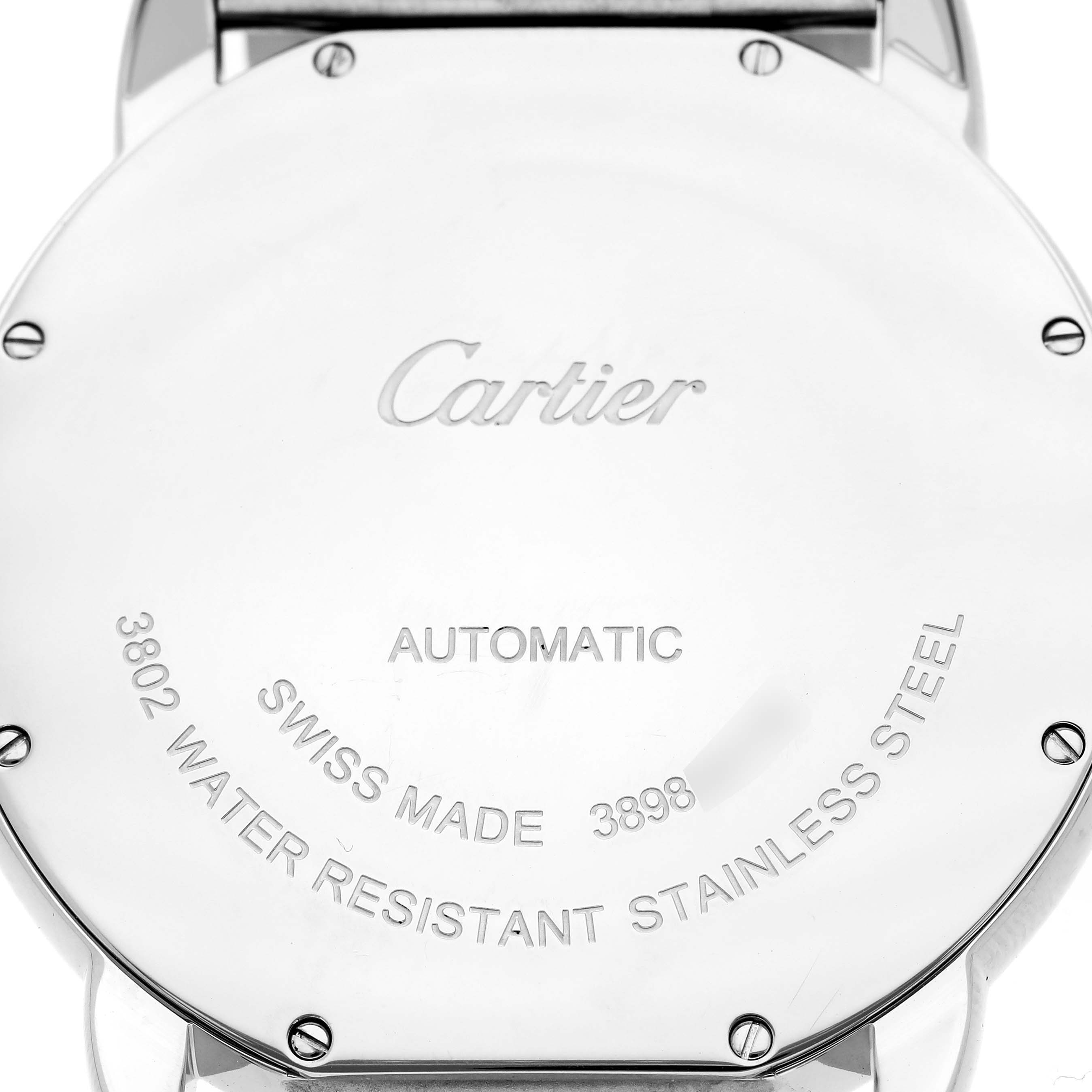 The image shows the back case of a Cartier Ronde WSRN0023 Men
s Stainless Steel Blue Dial WSRN0023 Men
s Stainless Steel Blue Dial watch, displaying engravings and screws.