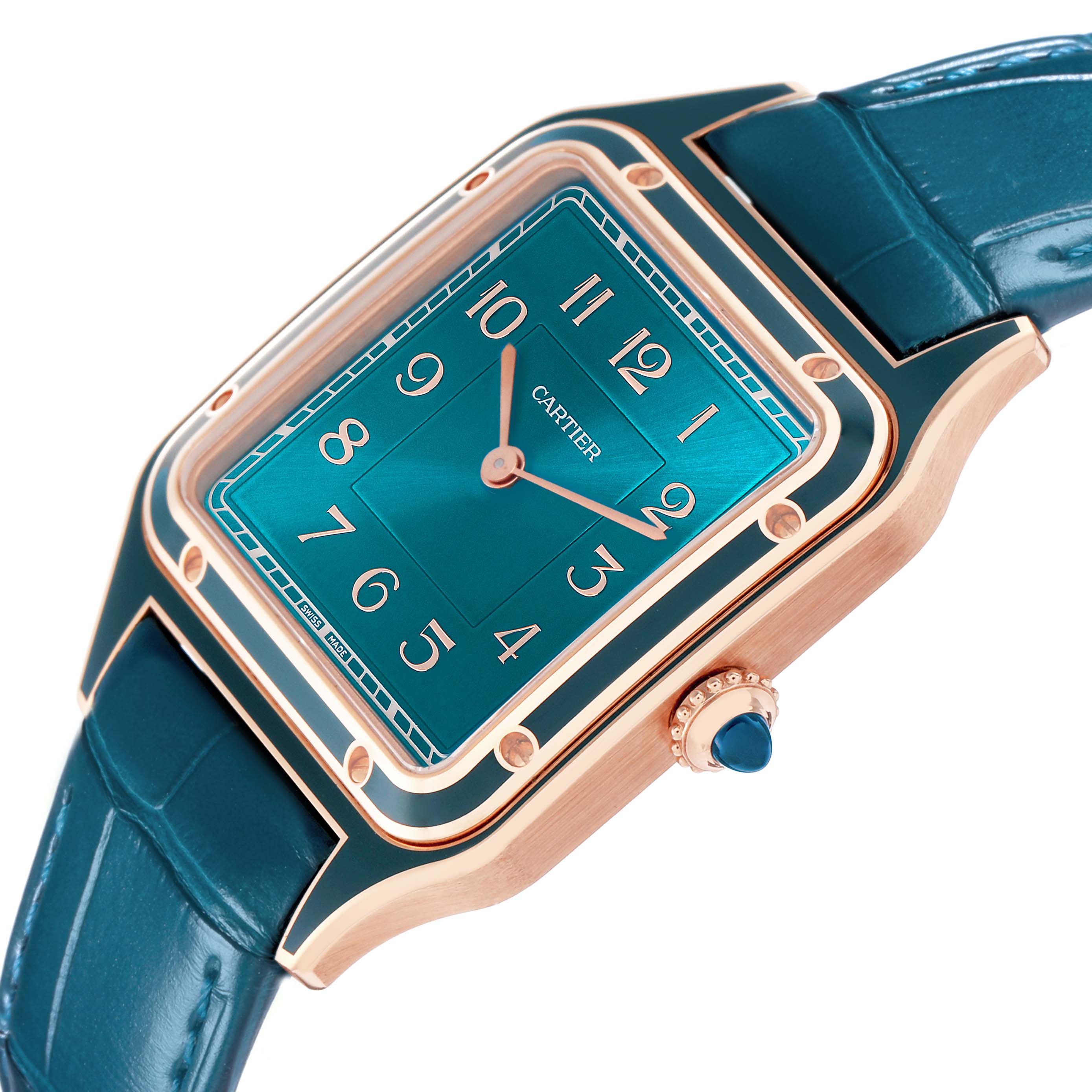 The Cartier Santos Dumont WGSA0098 Men
s Rose Gold Blue Dial WGSA0098 Men
s Rose Gold Blue Dial watch is shown from an angled top view, highlighting its face, bezel, case, crown, and strap.