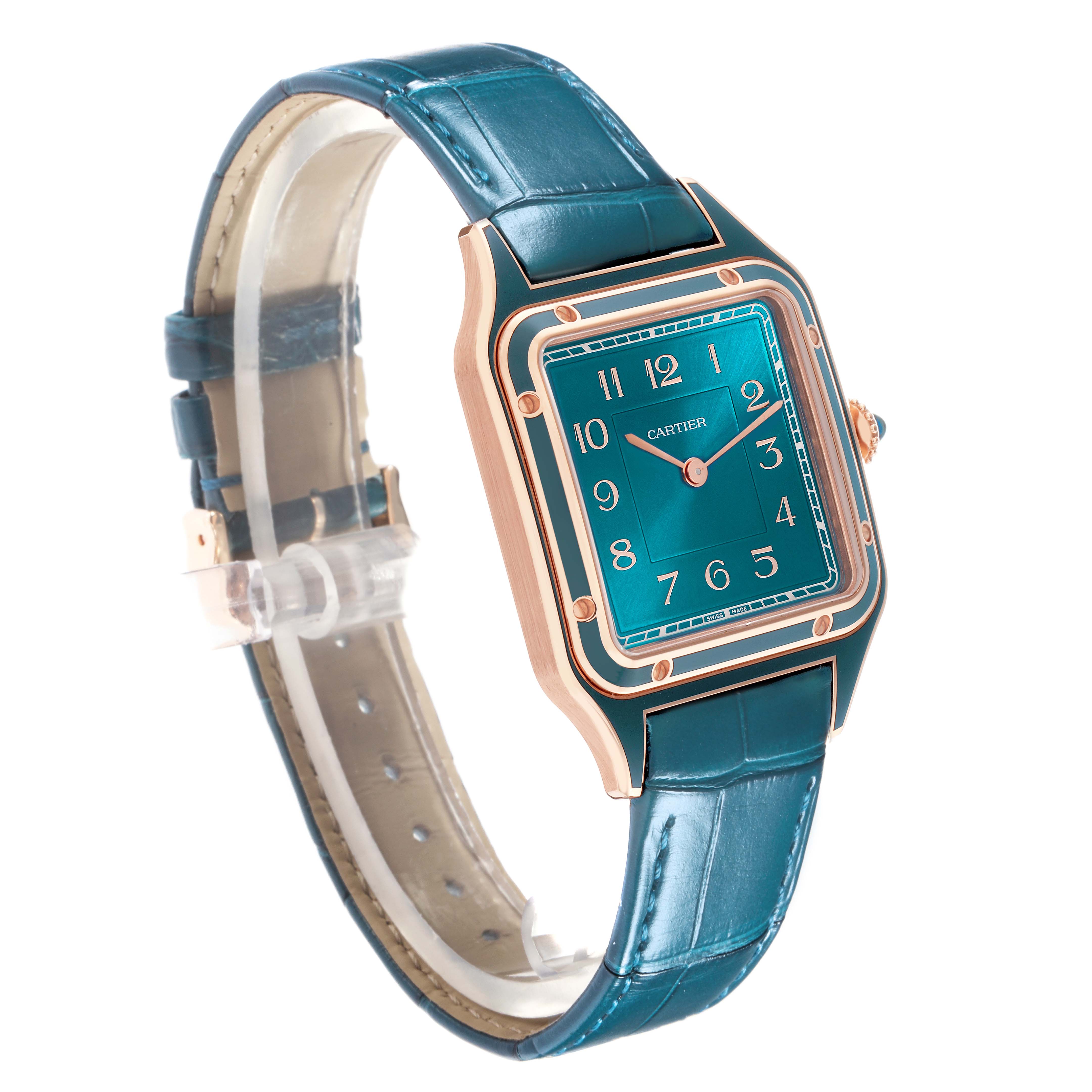The Cartier Santos Dumont WGSA0098 Men
s Rose Gold Blue Dial WGSA0098 Men
s Rose Gold Blue Dial watch is shown at a three-quarter angle, highlighting the face, case, and leather strap.