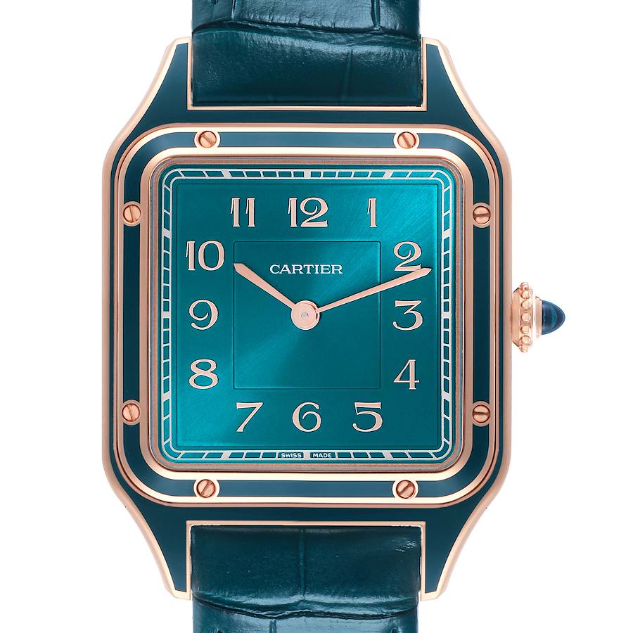 The Cartier Santos Dumont watch is shown from a front angle, highlighting its square dial, numerals, and blue strap.