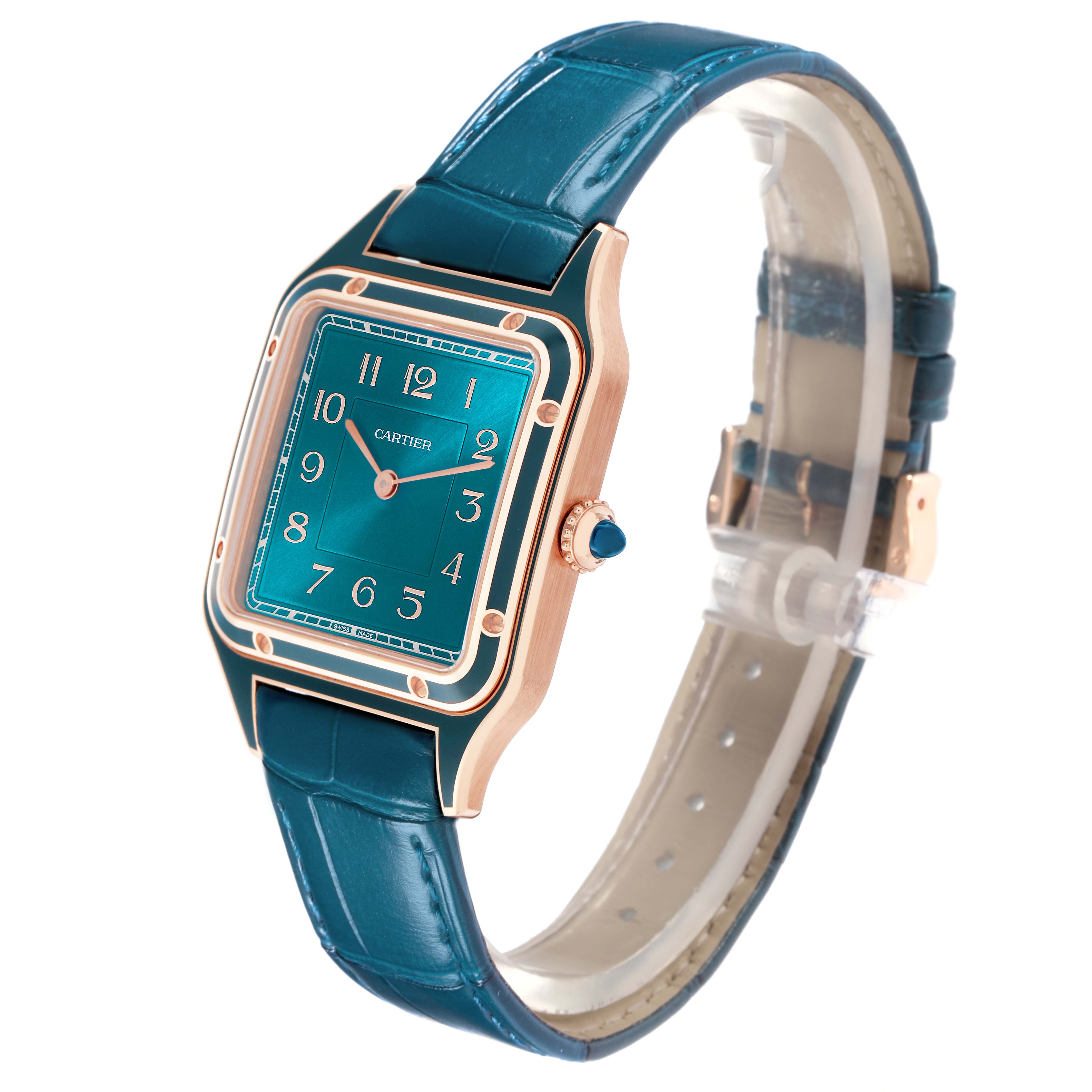 The Cartier Santos Dumont WGSA0098 Men
s Rose Gold Blue Dial WGSA0098 Men
s Rose Gold Blue Dial watch is shown at a slight angle, highlighting the face, case, and blue leather strap.