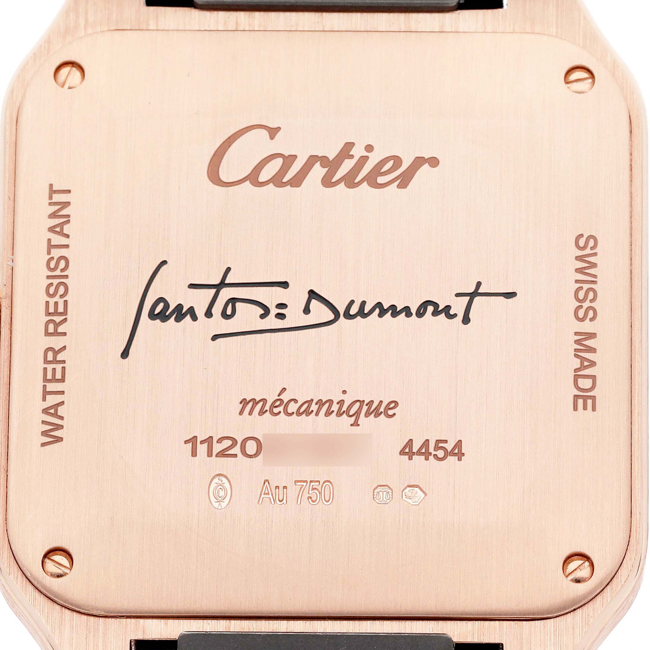 The image shows the case back of a Cartier Santos Dumont WGSA0098 Men
s Rose Gold Blue Dial WGSA0098 Men
s Rose Gold Blue Dial watch, displaying branding and specifications.