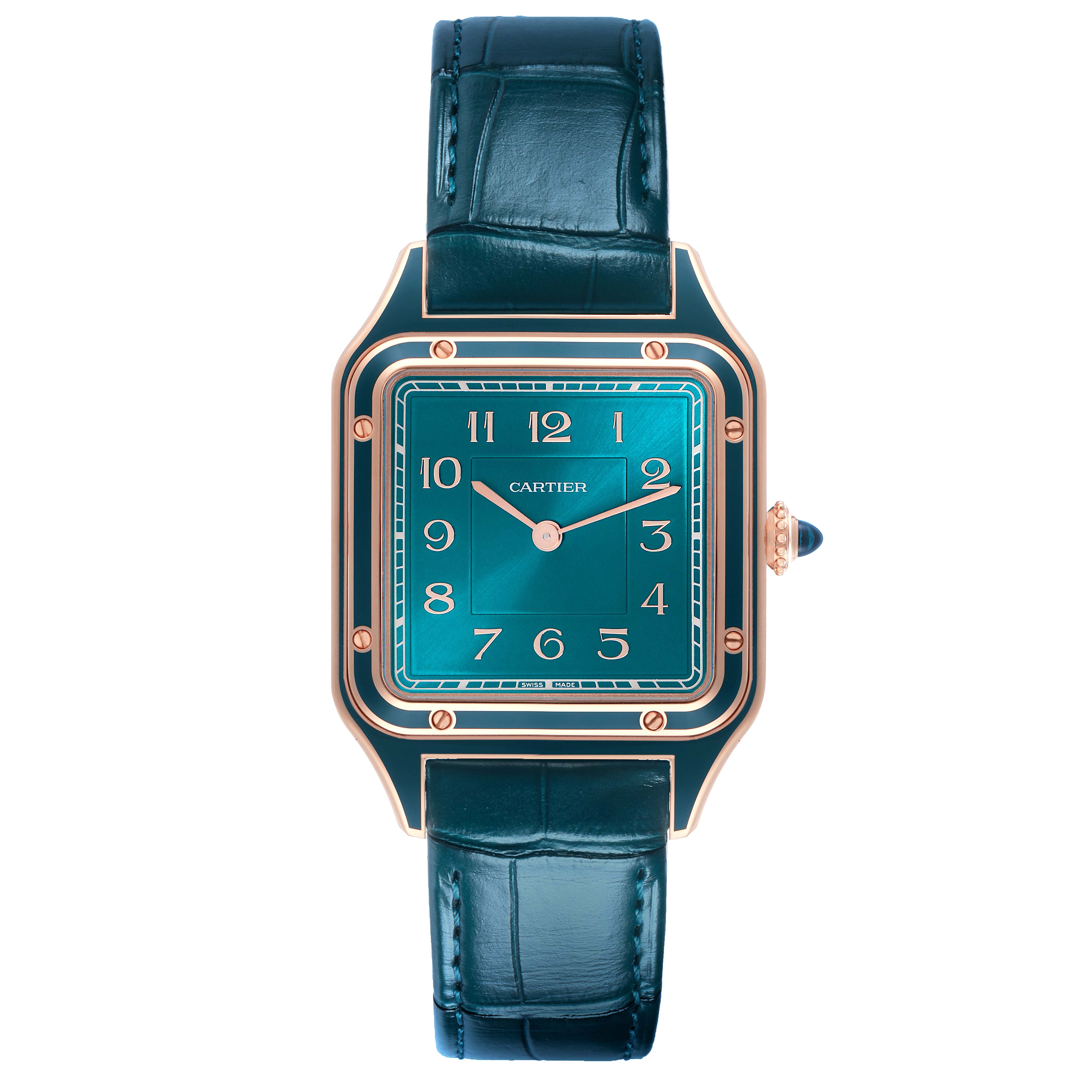 The Cartier Santos Dumont WGSA0098 Men
s Rose Gold Blue Dial WGSA0098 Men
s Rose Gold Blue Dial watch is shown from a top view, featuring the face, bezel, and strap.