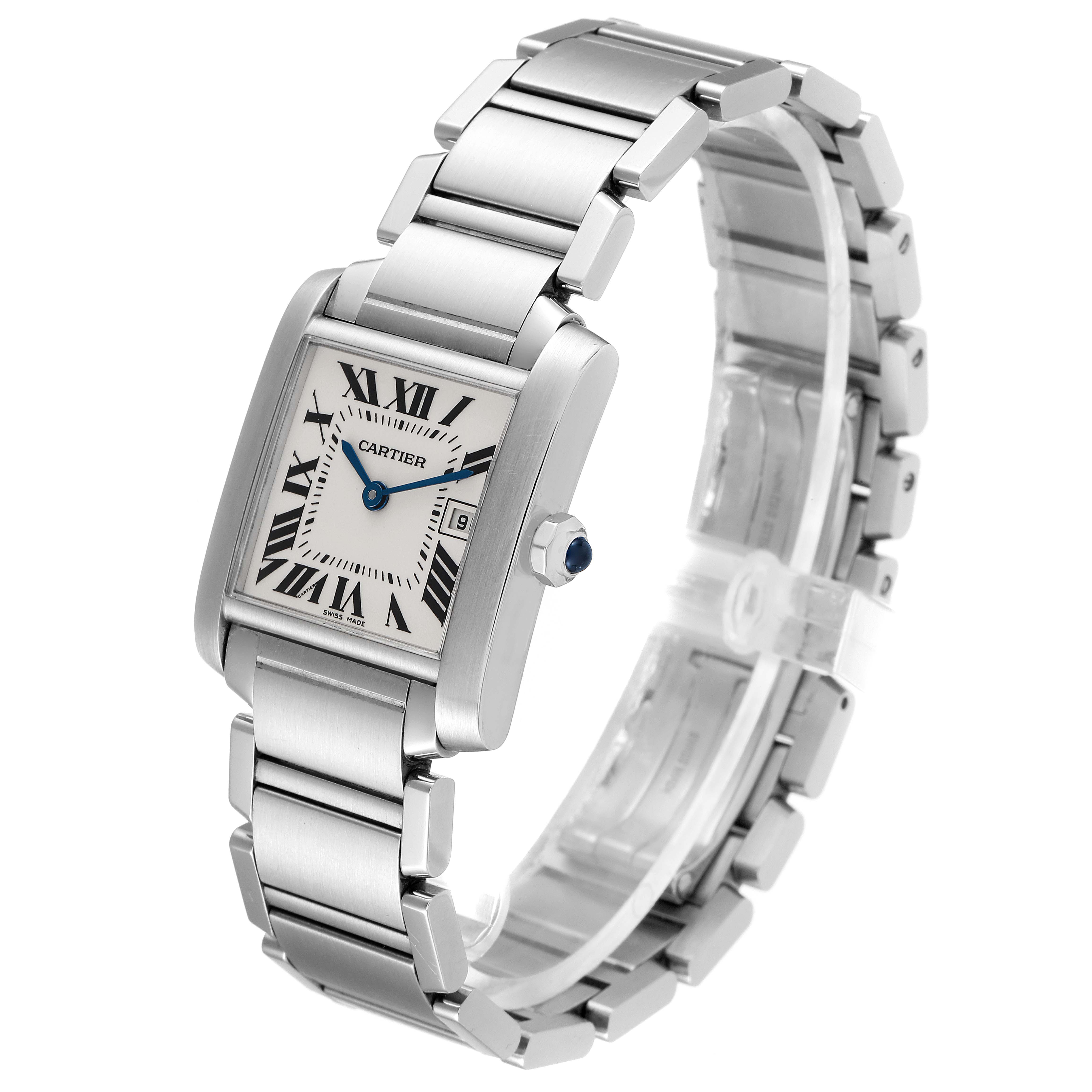 This image shows a Cartier Tank Française watch at an angle highlighting its bracelet, case, crown, and dial with Roman numerals.