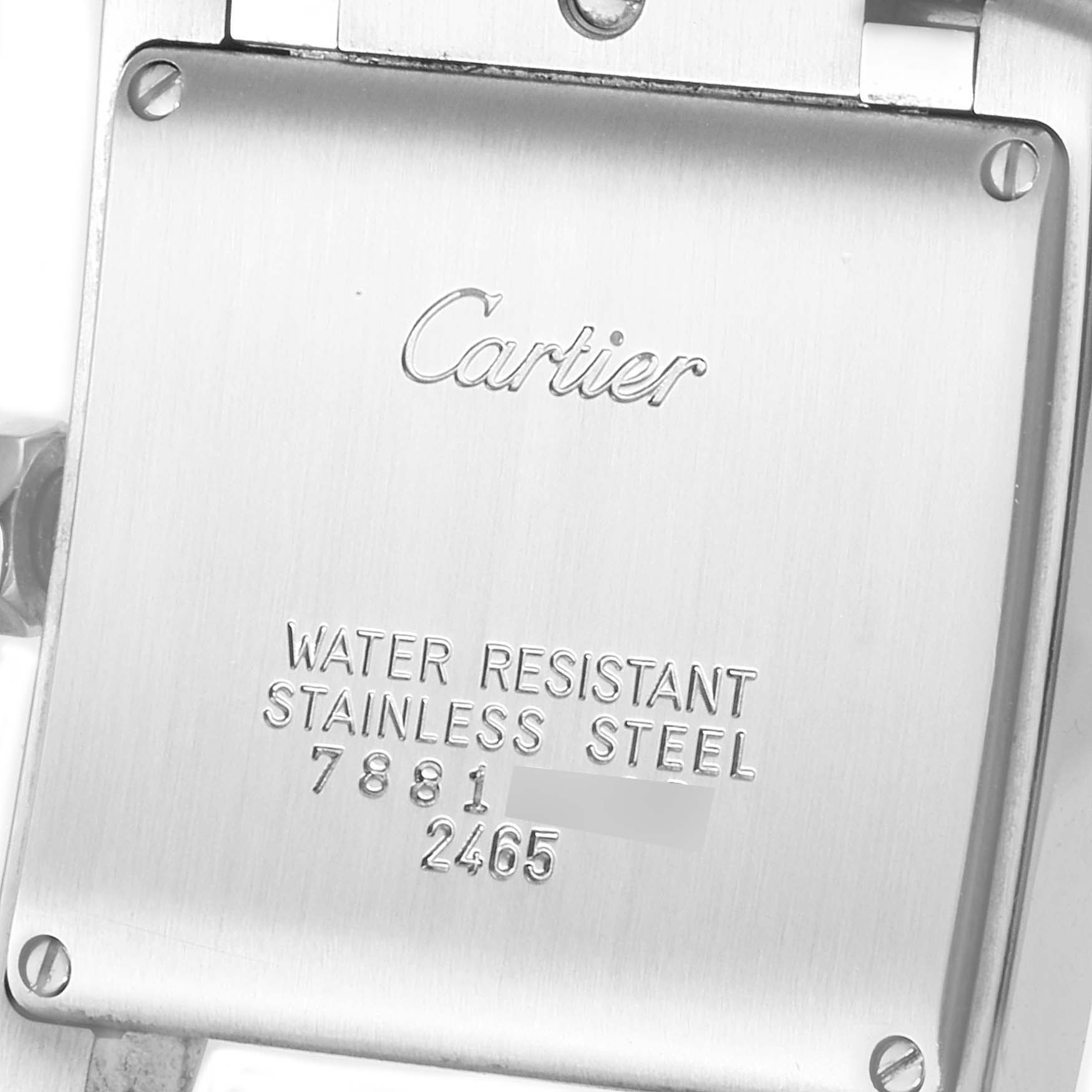 This image shows the back of a Cartier Tank Francaise W51011Q3 Women's Stainless Steel Silver Dial W51011Q3 Women's Stainless Steel Silver Dial watch, highlighting its water resistance and stainless steel features.