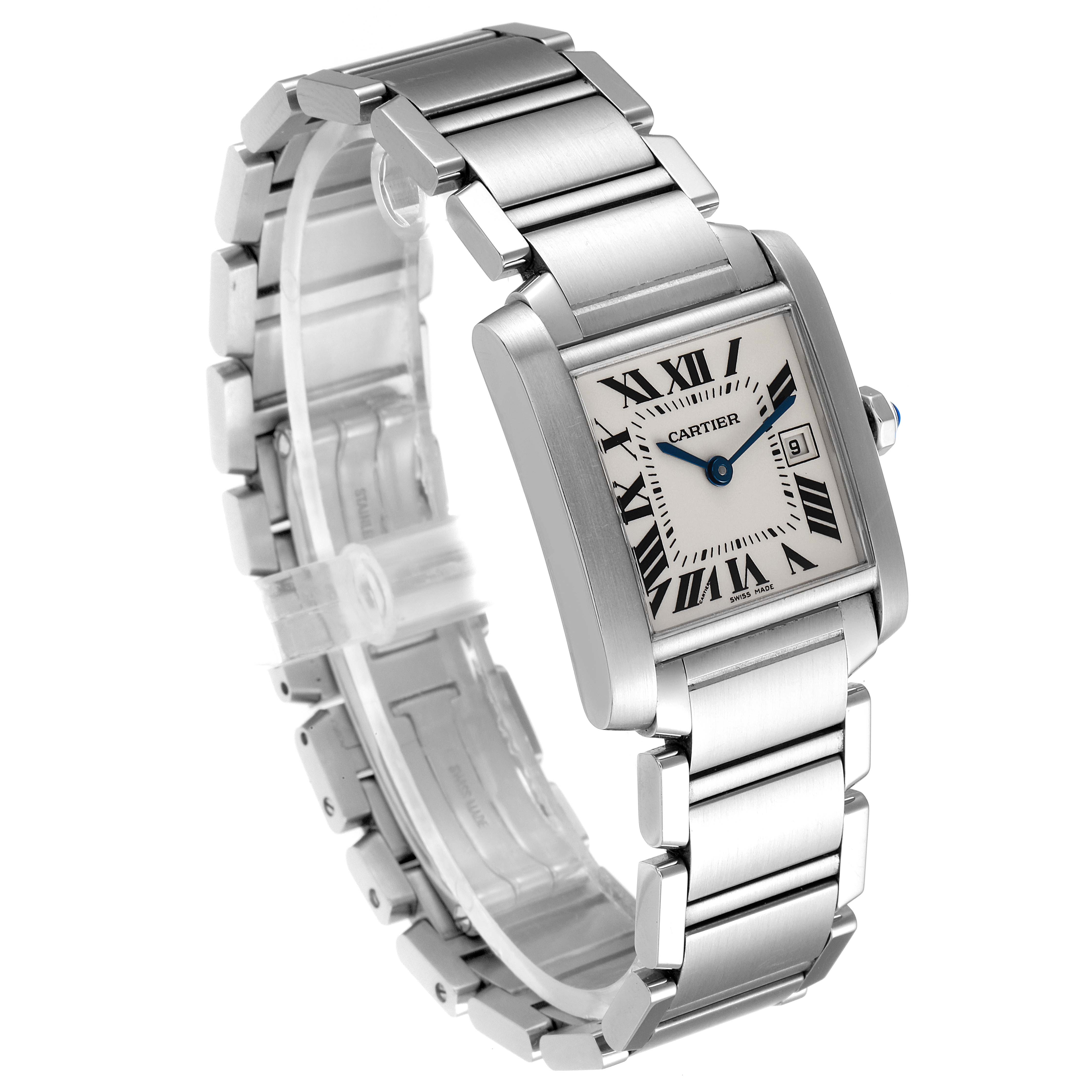 The image shows a side-angle view of a Tank Francaise Cartier watch, displaying the bracelet, case, and dial.