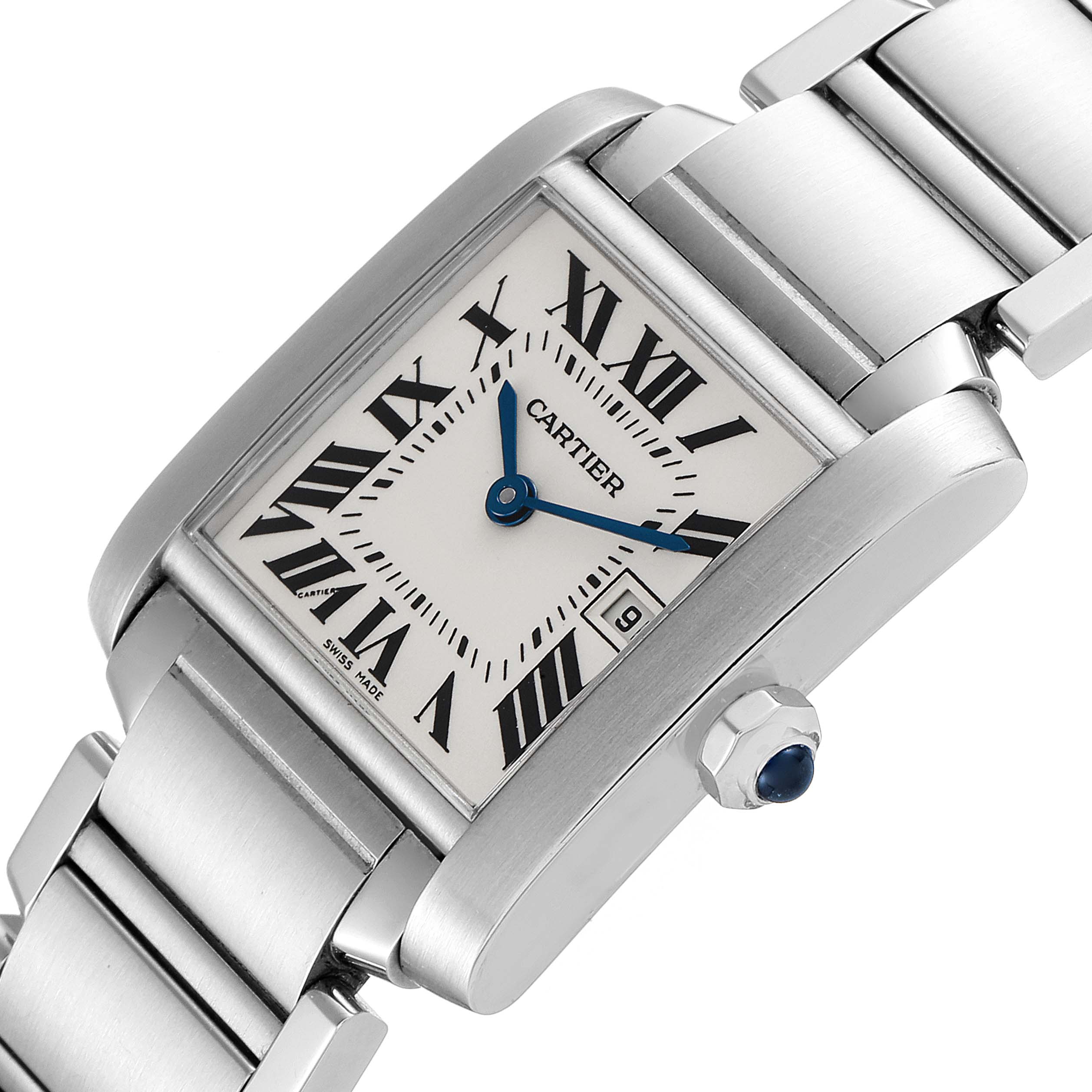 The image shows a close-up angled view of the Cartier Tank Francaise W51011Q3 Women's Stainless Steel Silver Dial W51011Q3 Women's Stainless Steel Silver Dial watch, highlighting the face, crown, and part of the bracelet.