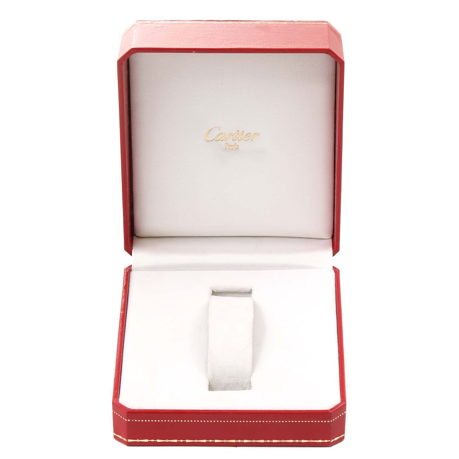 The image shows an open Cartier watch box for the Tank Francaise model, featuring a red exterior and a white interior.