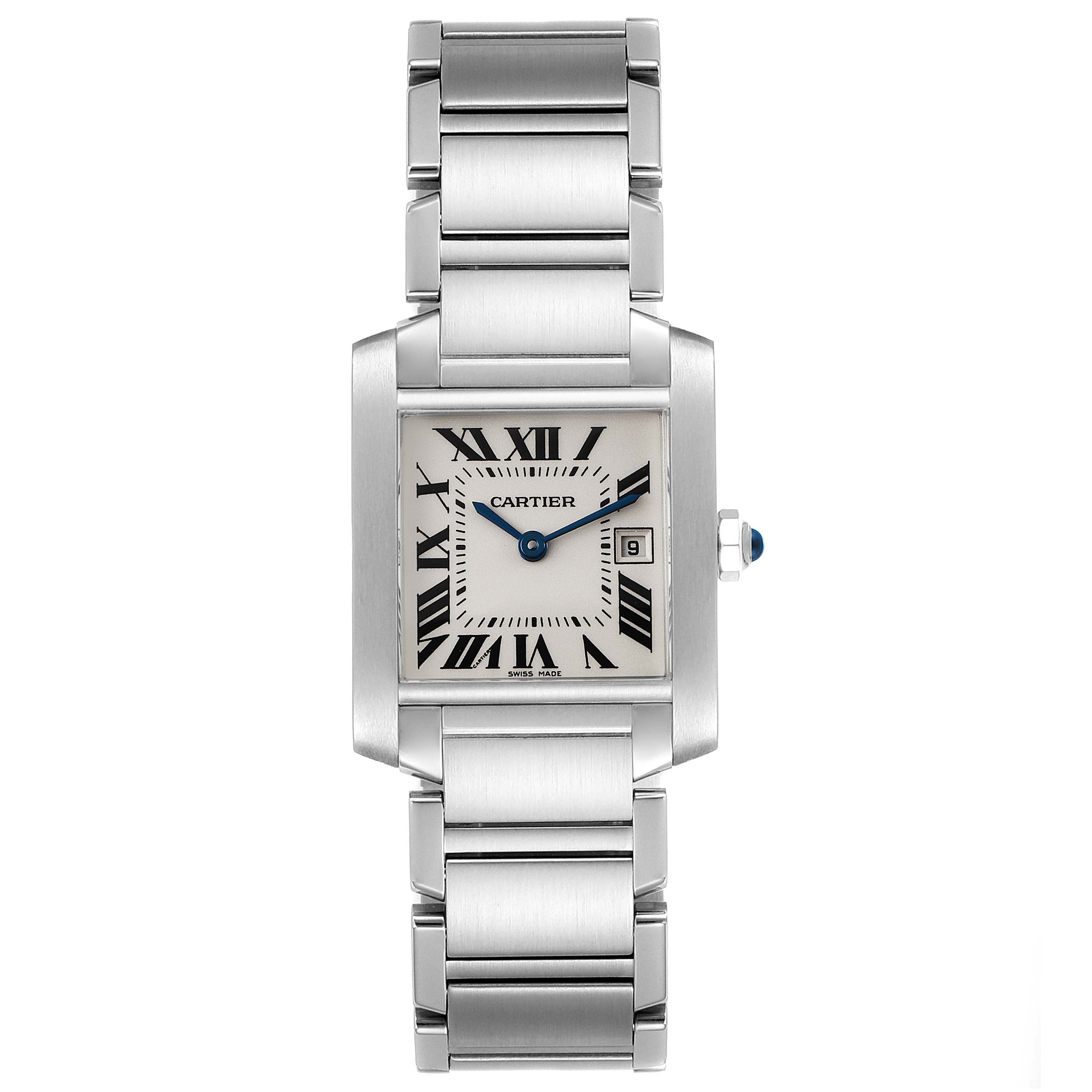 This Tank Francaise model by Cartier is shown from a front angle, displaying its face, bracelet, and crown.