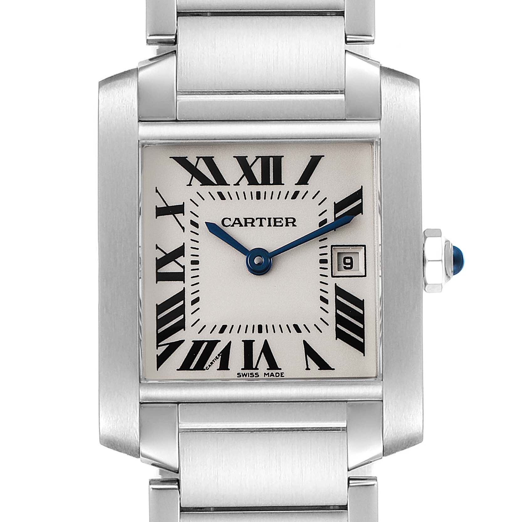 This image shows a front view of the Cartier Tank Française watch, highlighting the dial, Roman numerals, and part of the strap.