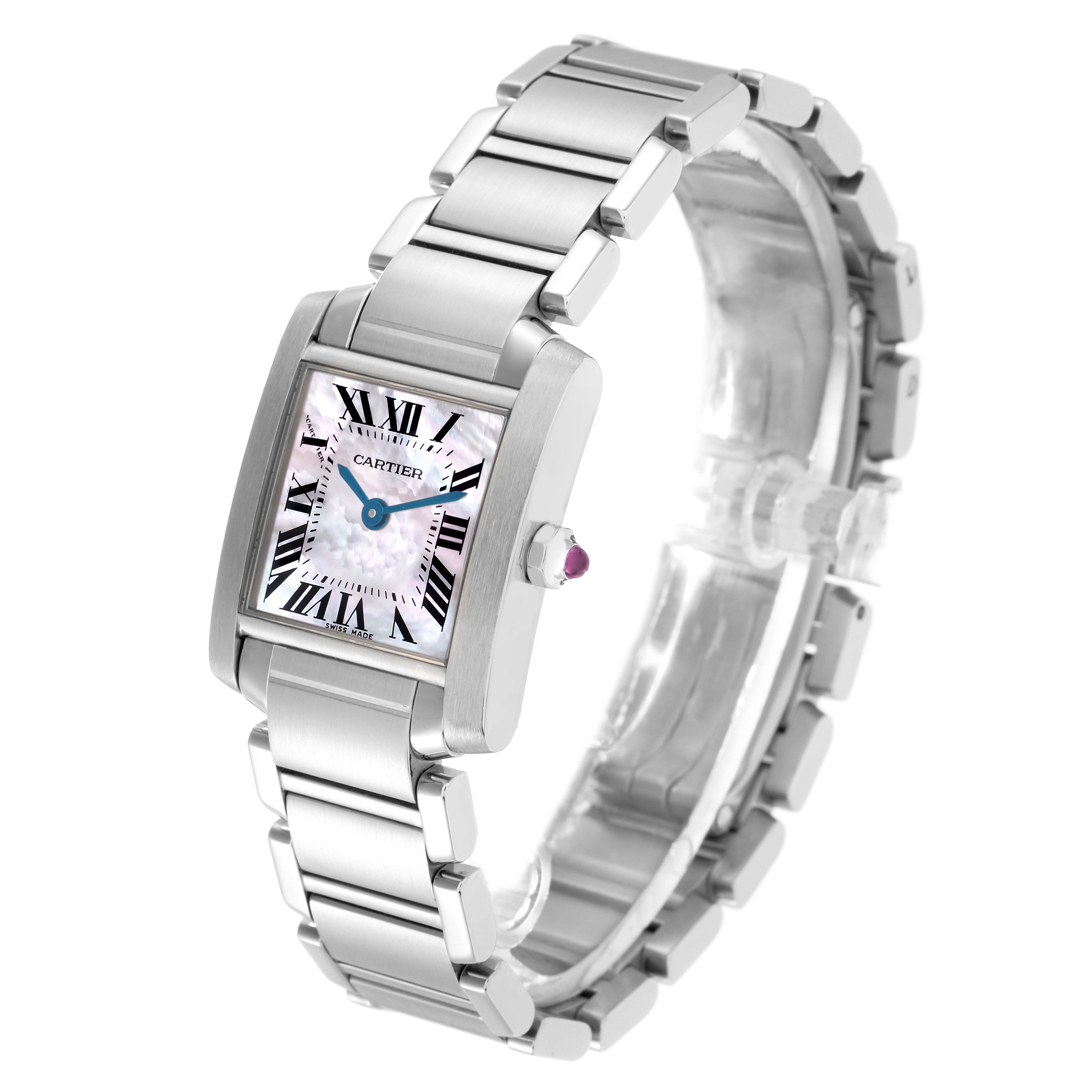 The Cartier Tank Française watch is shown at a three-quarter angle, highlighting the face, bracelet, and crown with a gemstone.