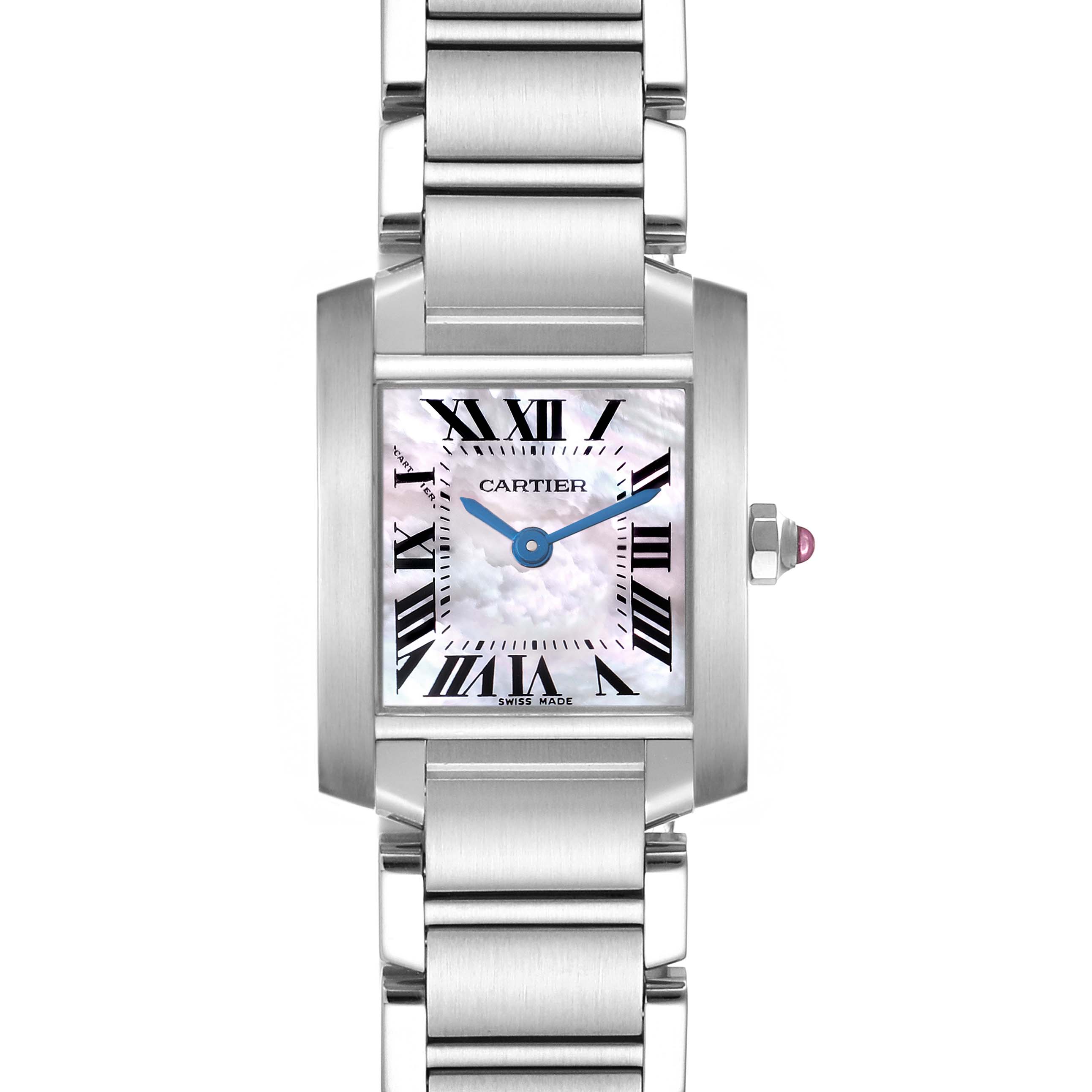 The Cartier Tank Française watch is shown front-on, highlighting its square dial, Roman numerals, metal bracelet, and crown.