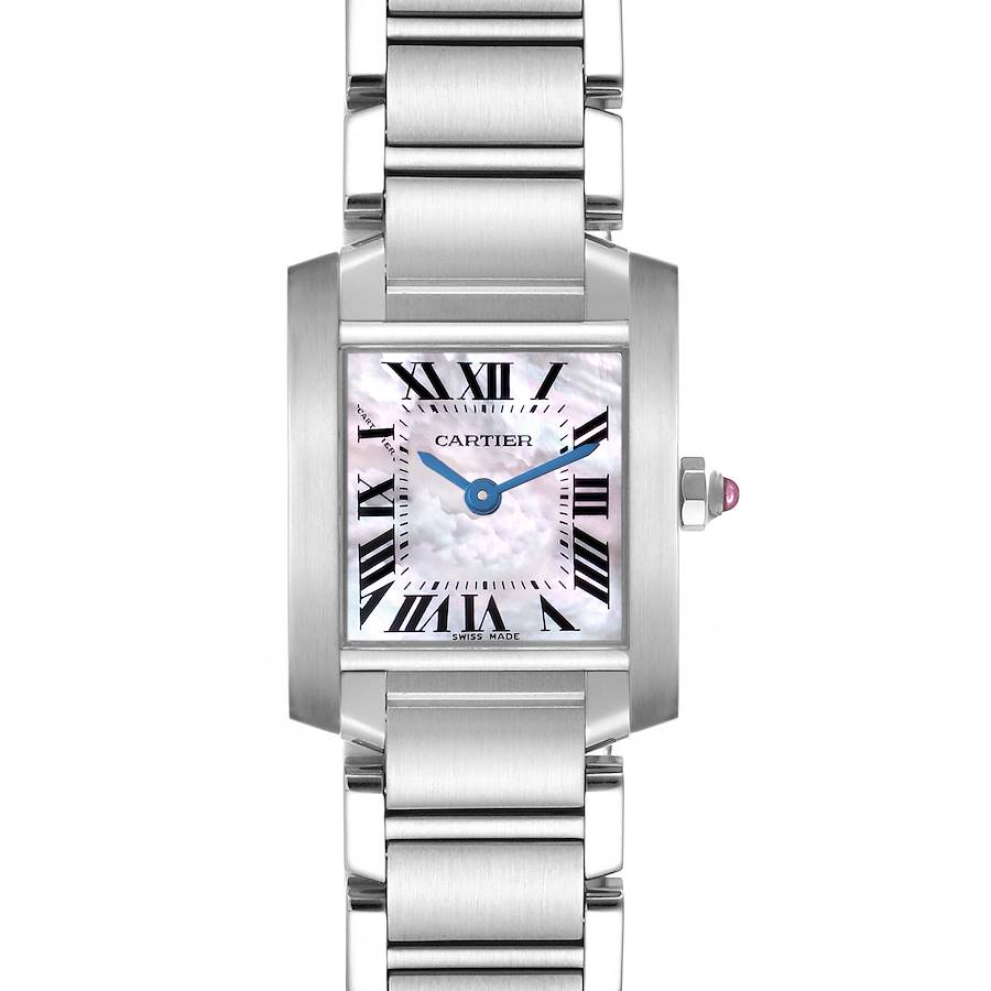 The Cartier Tank Française watch is shown front-on, highlighting its square dial, Roman numerals, metal bracelet, and crown.