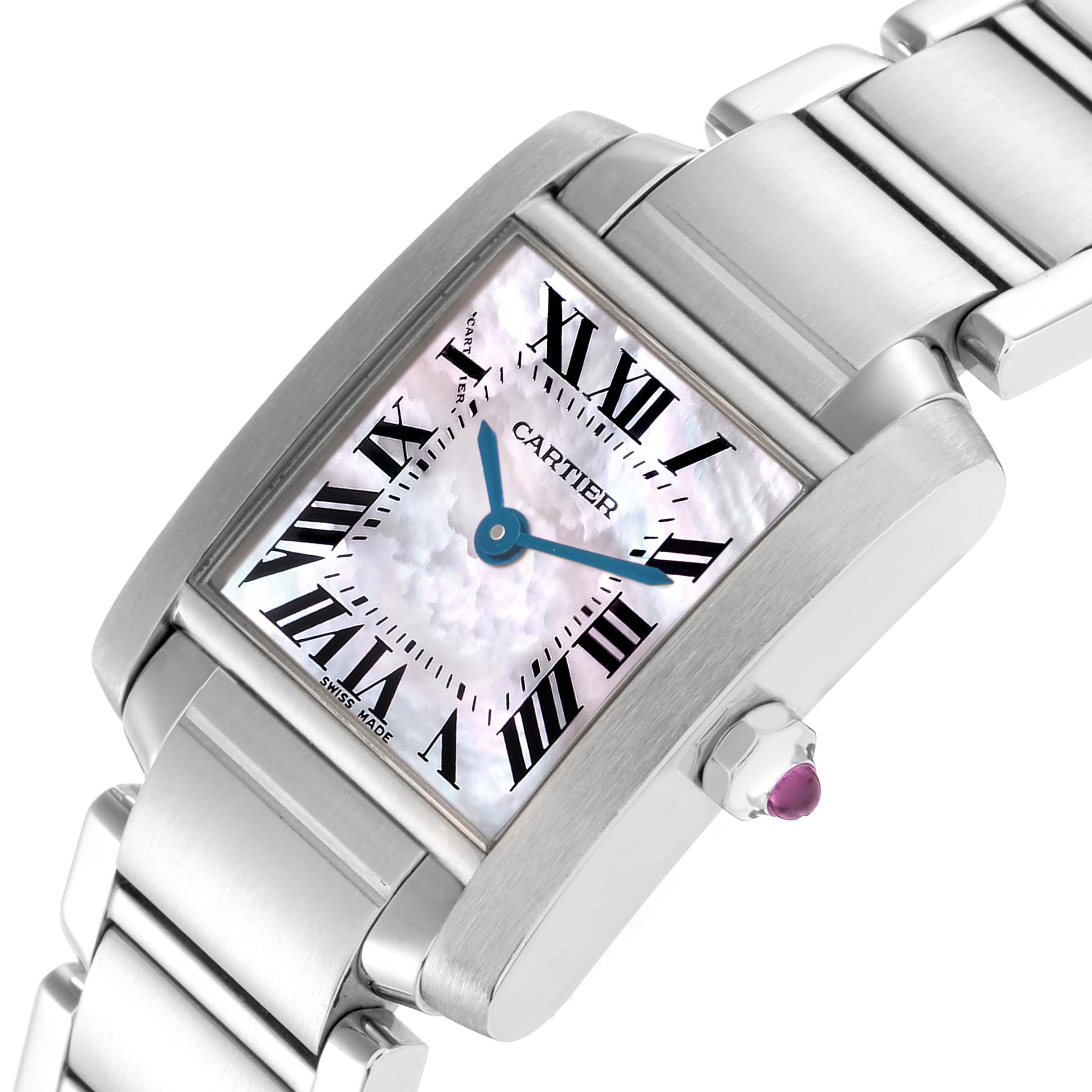 The Tank Francaise by Cartier is shown at an angle highlighting the face, crown with a gemstone, and part of the bracelet.
