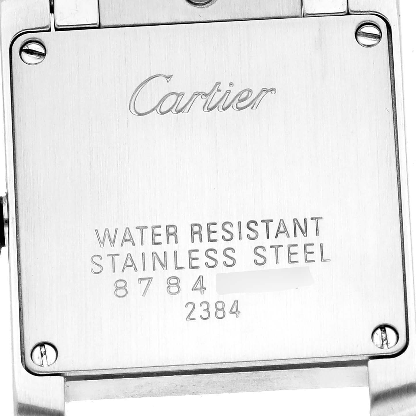 The image shows the back case of a Cartier Tank Française watch, highlighting its water resistance and stainless steel features.